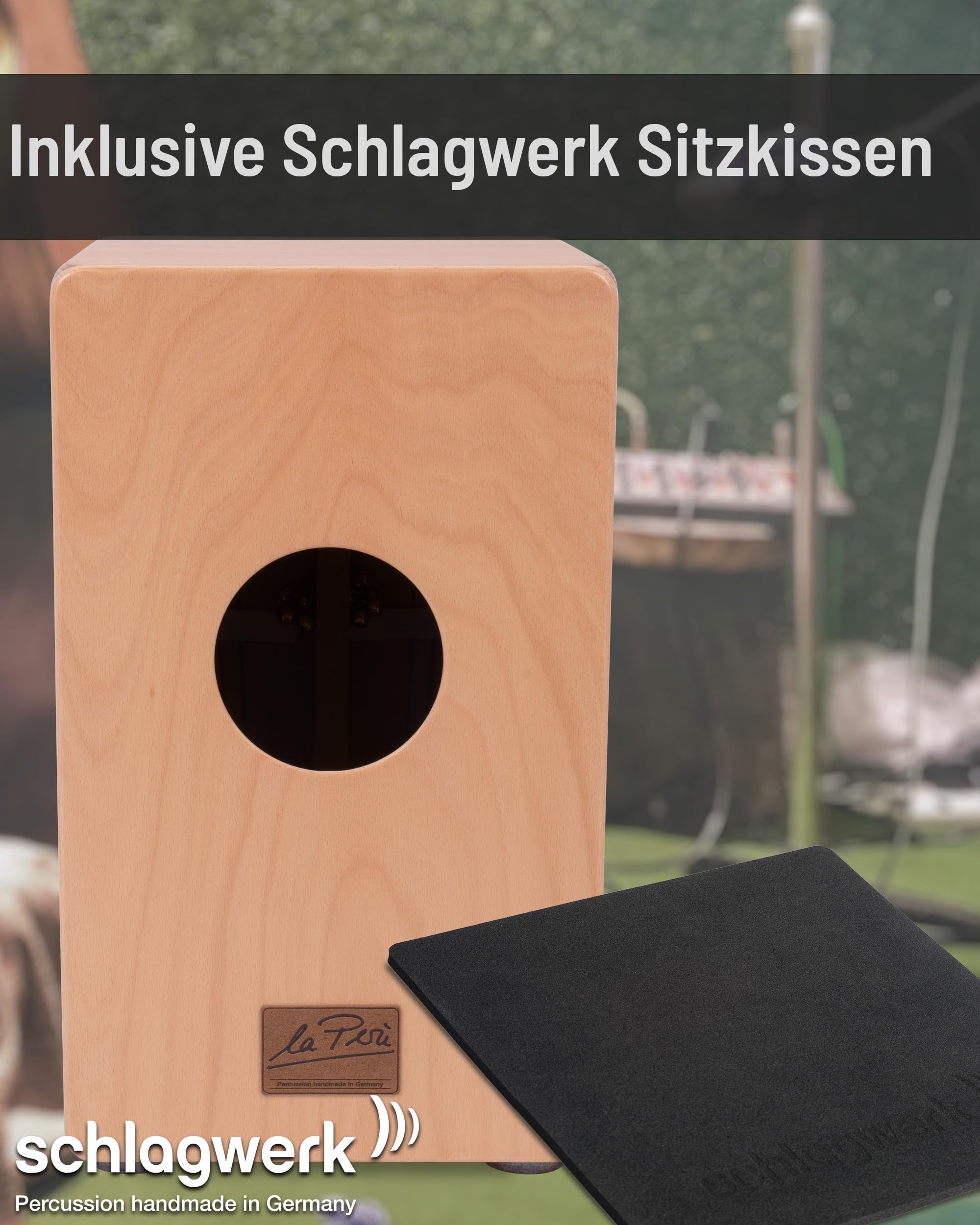 Schlagwerk CP4007 Caron La Perù mit Wurzelholz Furnier - Korpus aus Erle, sehr Edel - stufenlos stimmbare Snare Saiten- Inklusive Sitzkissen - Made in Germany