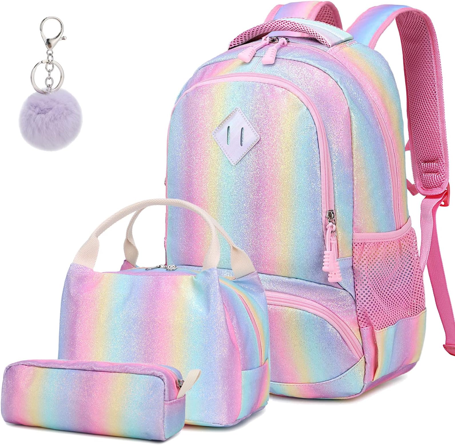Girls Backpack Rainbow Glitter Kids School Bookbag 3 in 1 Set School Bag with Lunch Bag Pencil Case