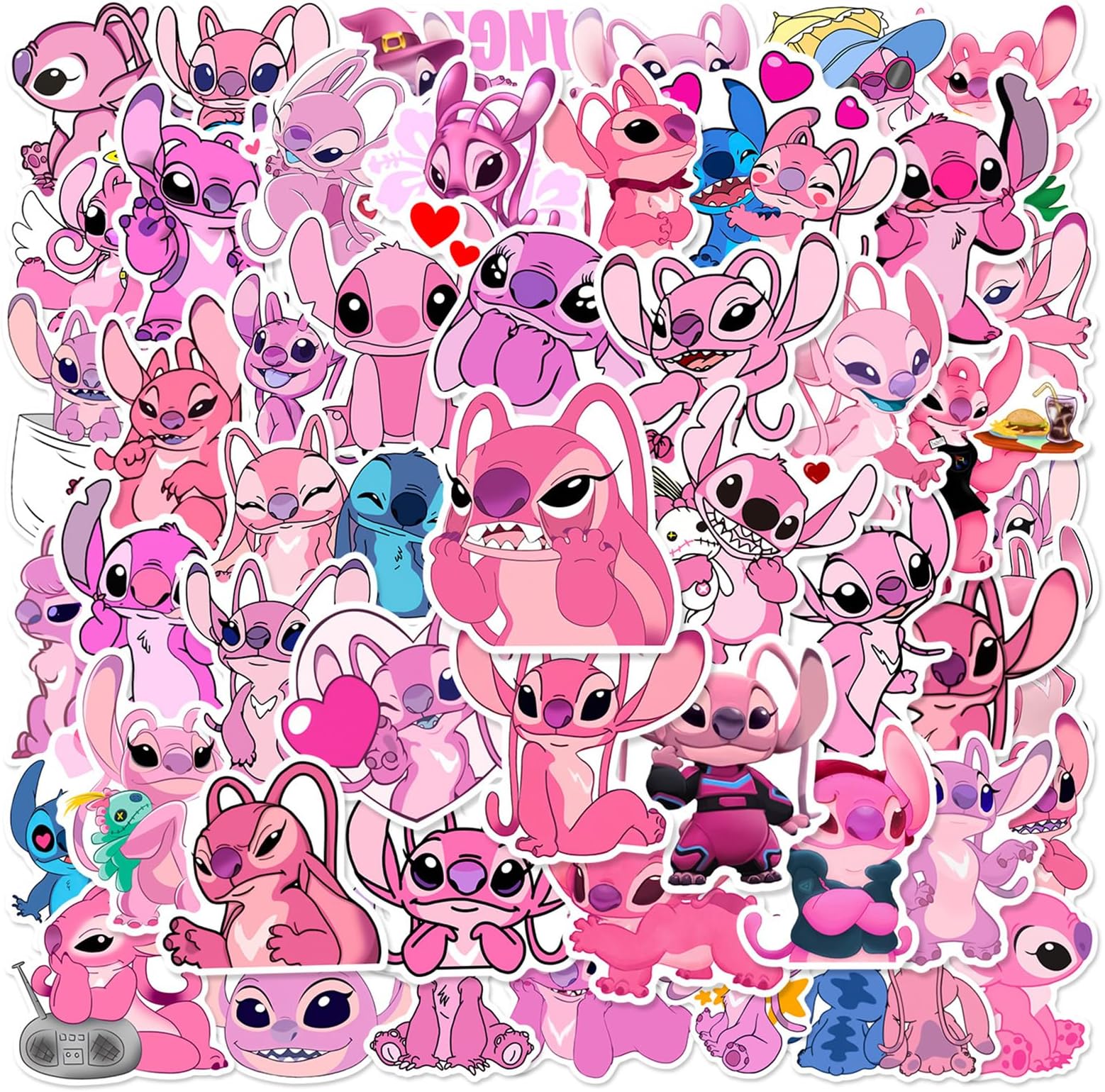 Lilo Stitch 50 Pcs Kids Water Bottle Cute Cartoon Stitch Waterproof Vinyl Decal for Teens Girls Adults Laptop Skateboard Phone Guitar Travel Case Bike (Pink Stitch)