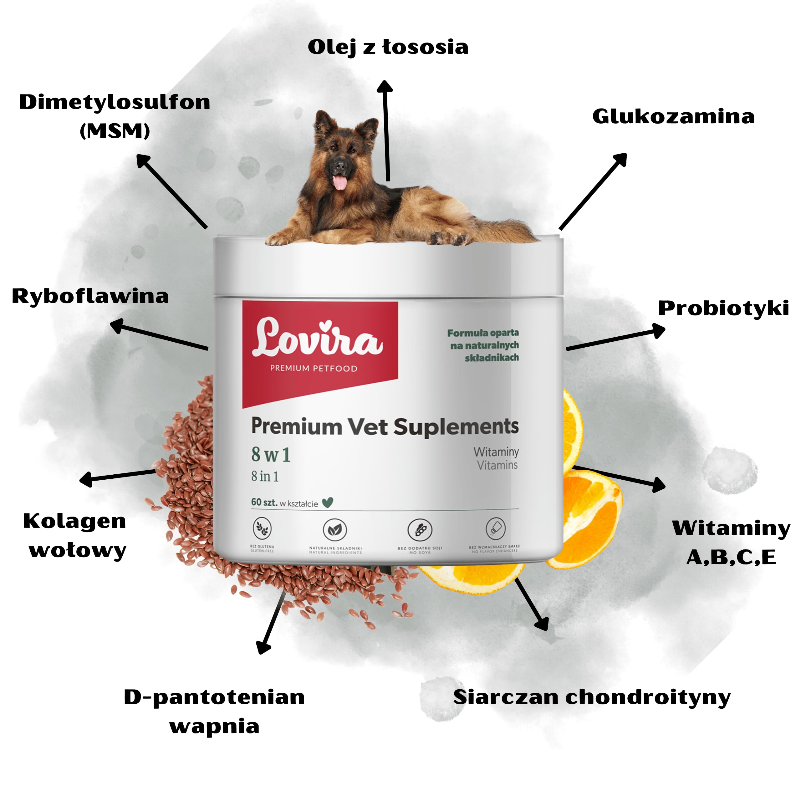Lovira - Cibo umido per cani - Alimento umido per cani - con 74,6% di carne, senza cereali - agnello - Set con integratore 8 in 1 - con zucca - per cani adulti - in lattina, 6 x 400 g + 60 pezzi
