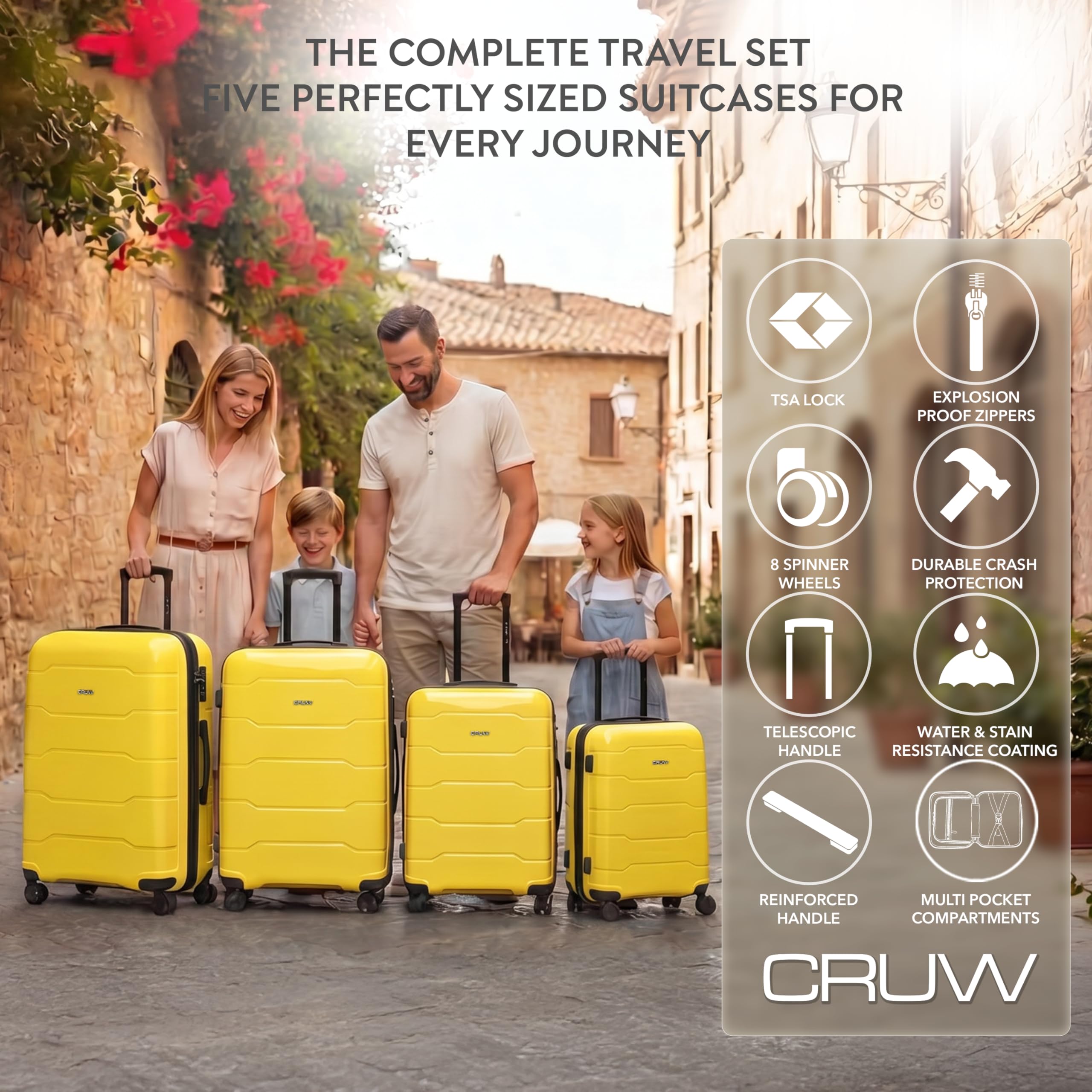 CRUW 5-Piece Luggage Set Expandable Polypropylene Suitcase Set TSA Locks 8 Silent Spinner Wheels Lightweight Nested Suitcases Travel Set easyJet British Airways Jet2 Airline-Approved Carry-On Yellow