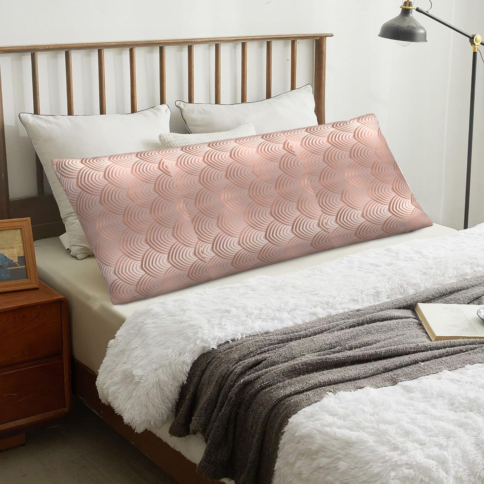 Pink Rose Copper Gray Art Deco Seashells Scales, Body Pillow Cover with Zipper,Long Body Pillowcase 20 x 60 in