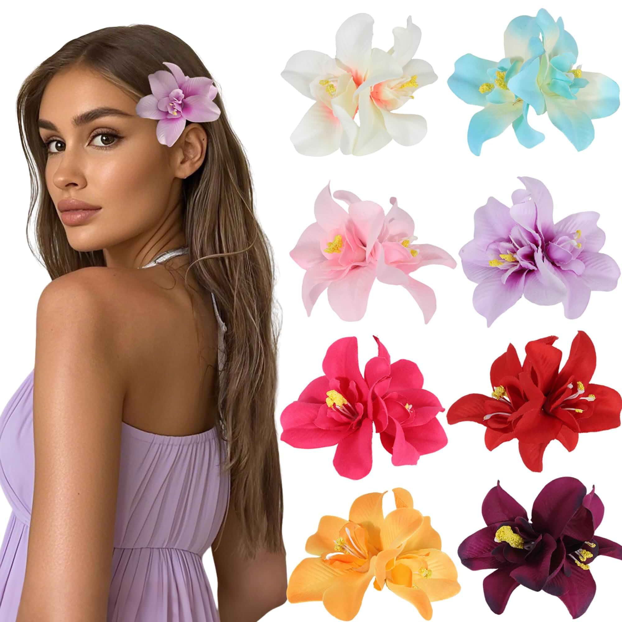 8pcs Hawaiian Flower Hair Clips, Bohemian Orchid Hairpin, Artificial Tropical Phalaenopsis Hair Barrette Hibiscus Hair Clips for Seaside Holiday, Bridal Hair Accessories Pins Headwear for Women Girl Floral