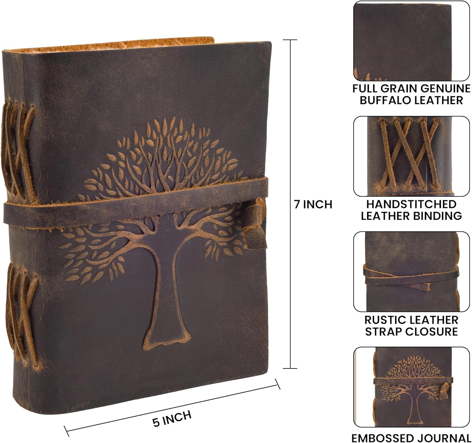 MDS Tree of Life Leather Journal 7 x 5 Inches – Vintage Handmade Leather Bound Diary with 200 Deckle Edge Antique Papers – Book of Shadows, Sketchbook, Writing Notebook for Men & Women - Rustic Brown