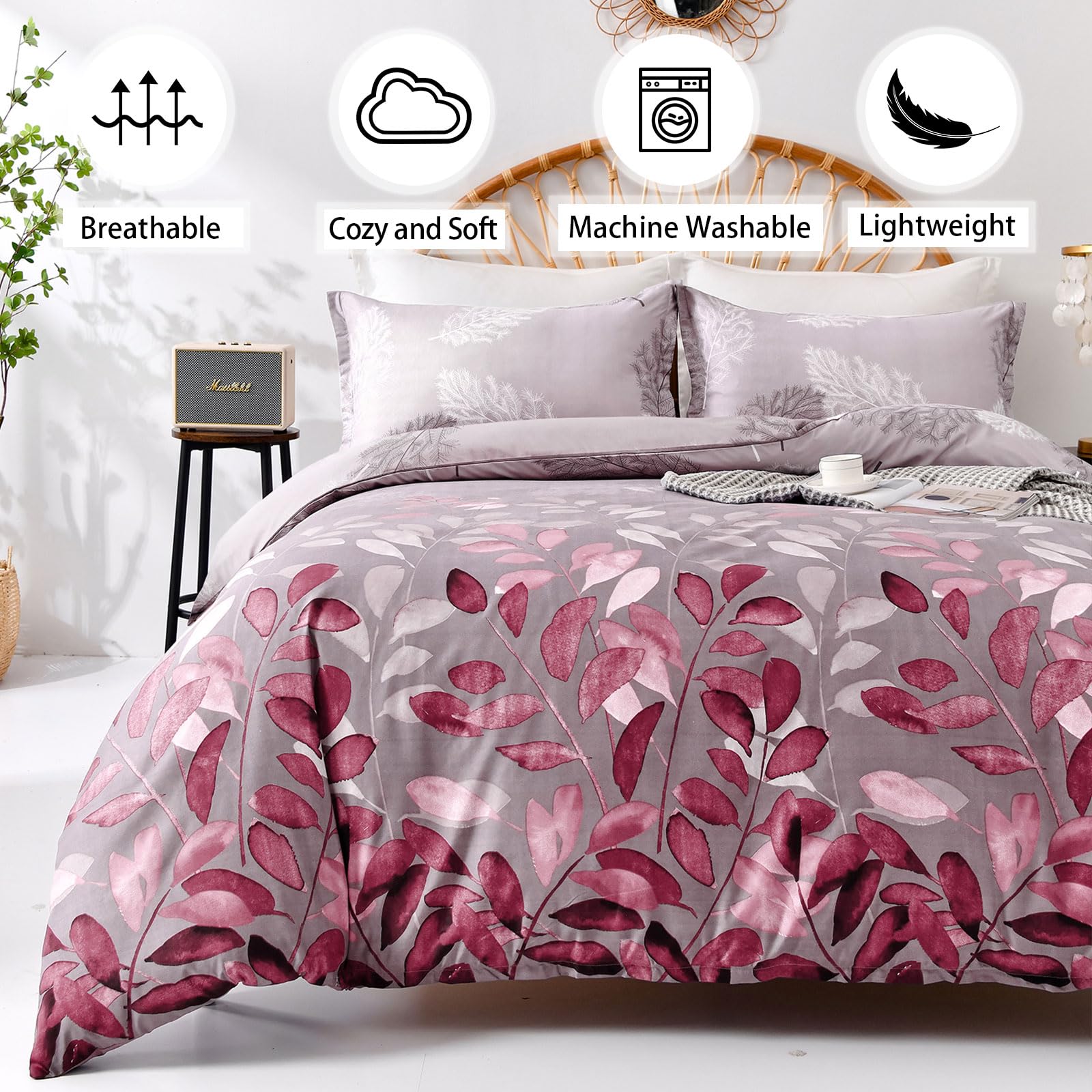 DJY Pink Duvet Cover King Pink Floral Bedding Set, Reversible Lightweight Leaves Bedding Sets 3pcs with Zipper Closure (King - Image 3