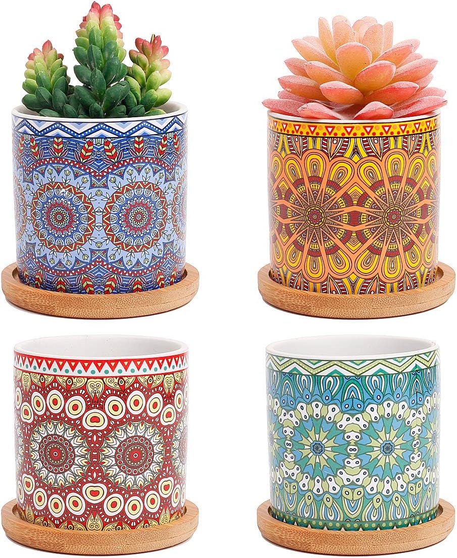 4 pcs 3.0 inches Ceramic Succulent Planters - with Bamboo Trays, Small Plant/Cactus/Bonsai/Flower Container Pots Gift with a Drainage Hole for Windowsill and Office Table Home Decor