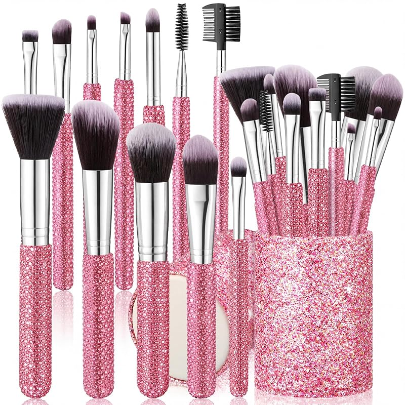 Kit de 13 pincéis de maquiagem Nuogo rosa com strass e suporte
