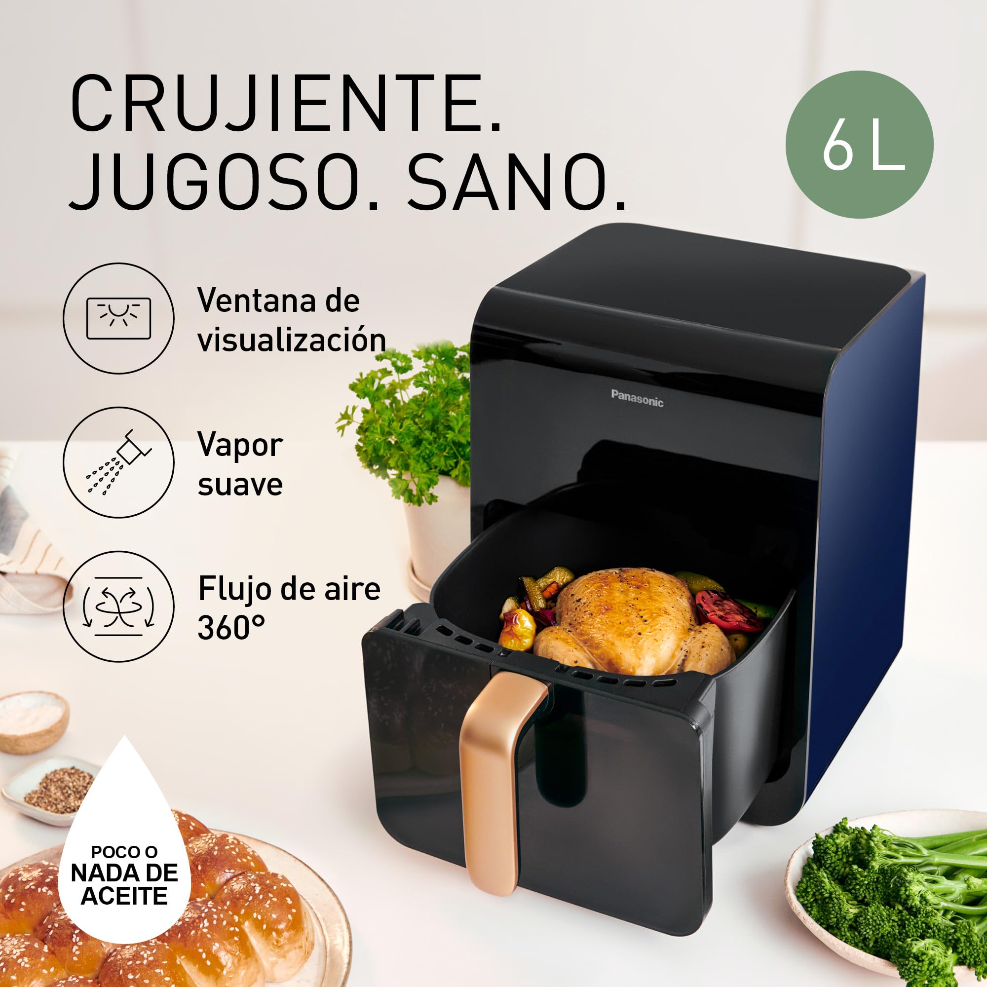Panasonic NF-CC600AXE Freidora De Aire con Ventana, 6 L, 80-200°C, Temporizador Digital y LCD, Vapor Suave, 11 Preajustes, Fácil De Limpiar, Mango Negro/Azul Oscuro y Dorada Rosado