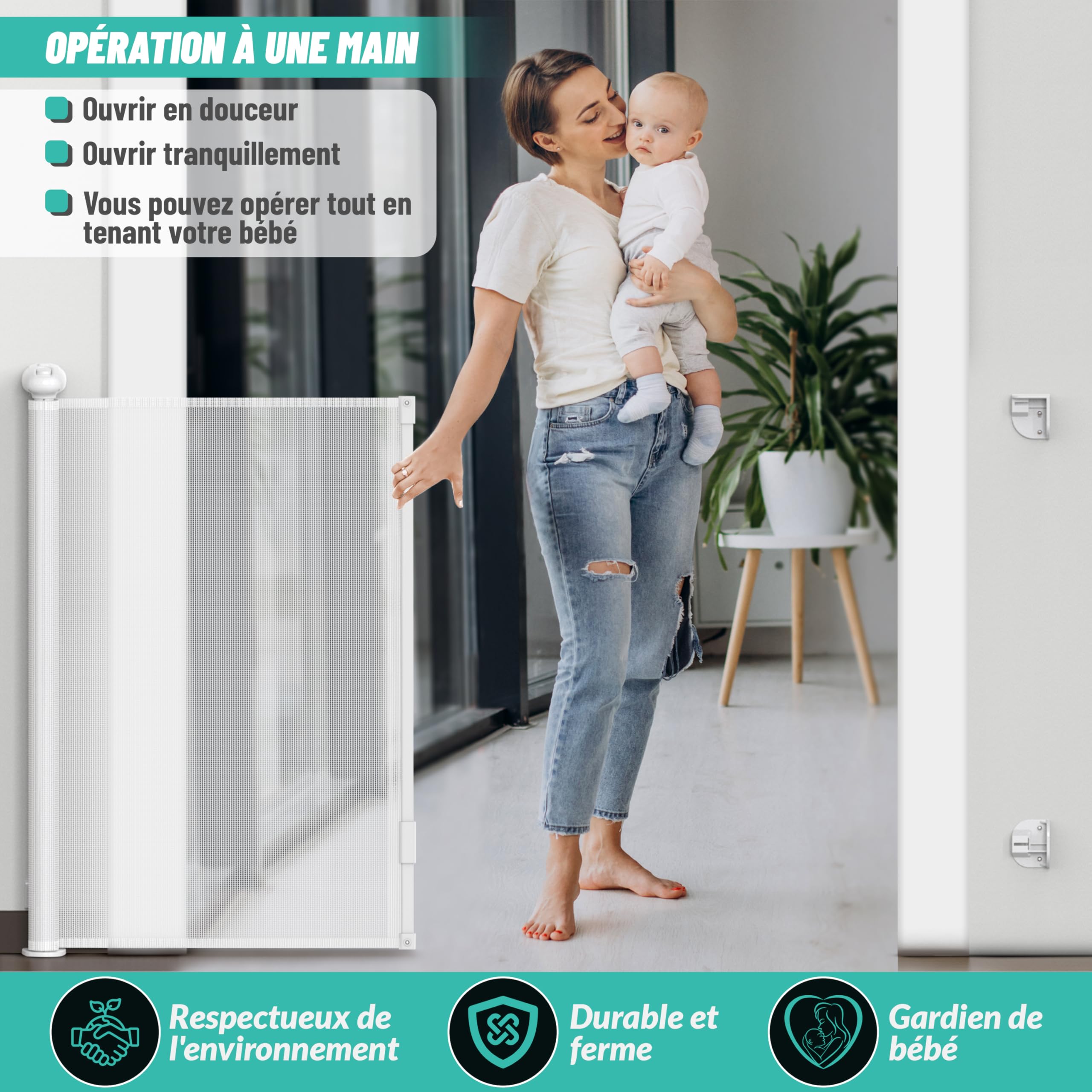 Barriere de Securite Enfant, Barrière de Sécurité Rétractable - 0 à 140 cm, pour Bébés Enfant et Chiens, Opération à Une Main pour Escaliers, Couloirs, Intérieur/Extérieur, Blanc
