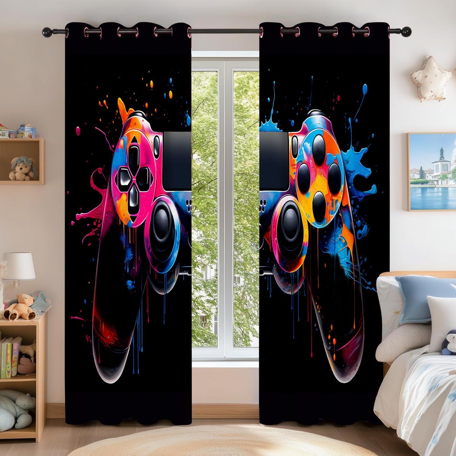 Mehrfarbige Graffiti-Gamepad LichtundurchläSsige FenstervorhäNge,2er Set H 138 x B 234 cm,VerdunkelungsvorhäNge Mit öSen, Motiv Gaming-Gamepad, füR Schlafzimmer Wohnzimmer Lounge