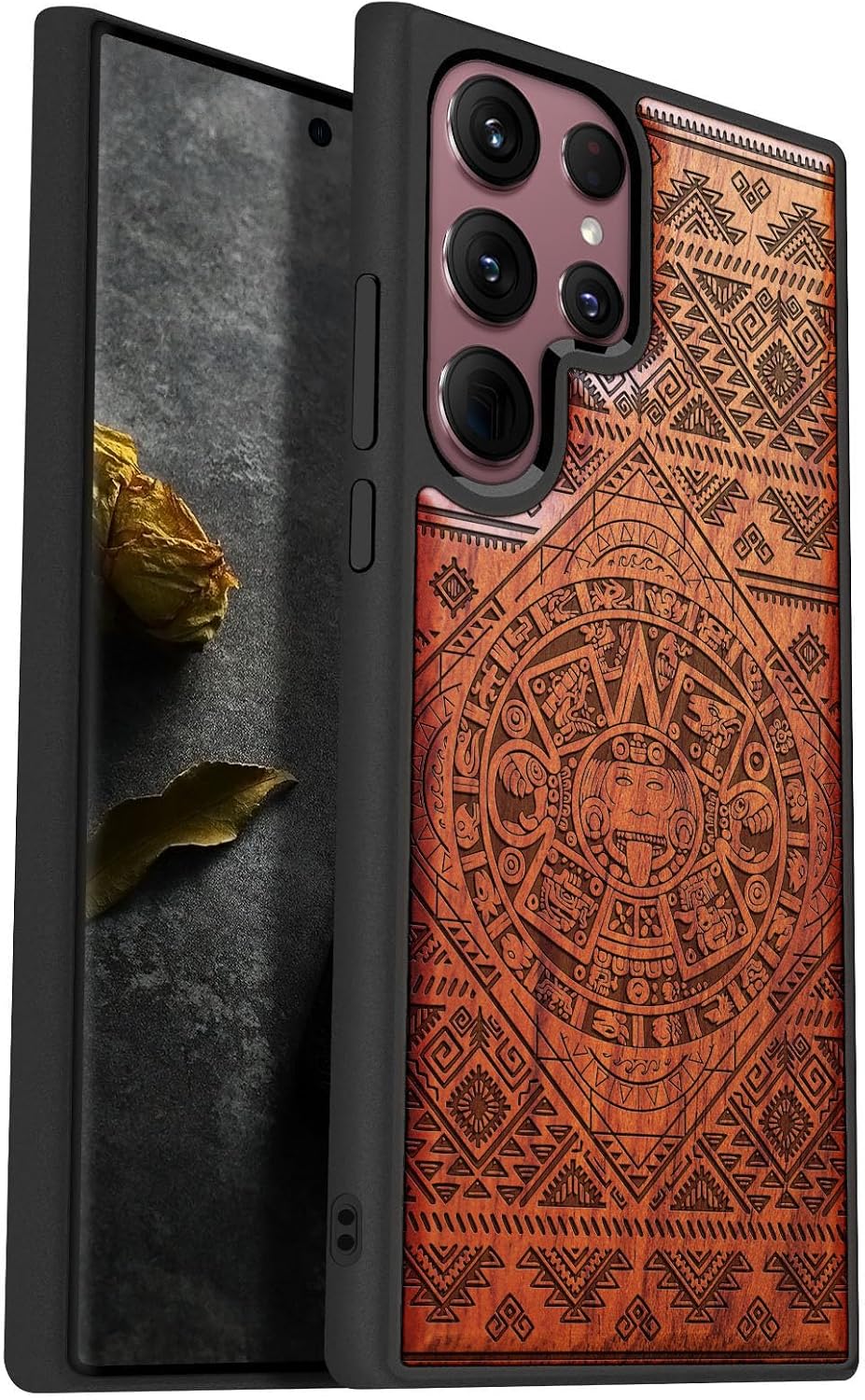 Carveit Wood Case for Galaxy S22 Ultra Case [Natural Wood & Black Soft TPU] Shockproof Protective Cover Unique & Classy Wooden Design Compatible with Samsung S22 Ultra (Aztec Calendar-Walnut)