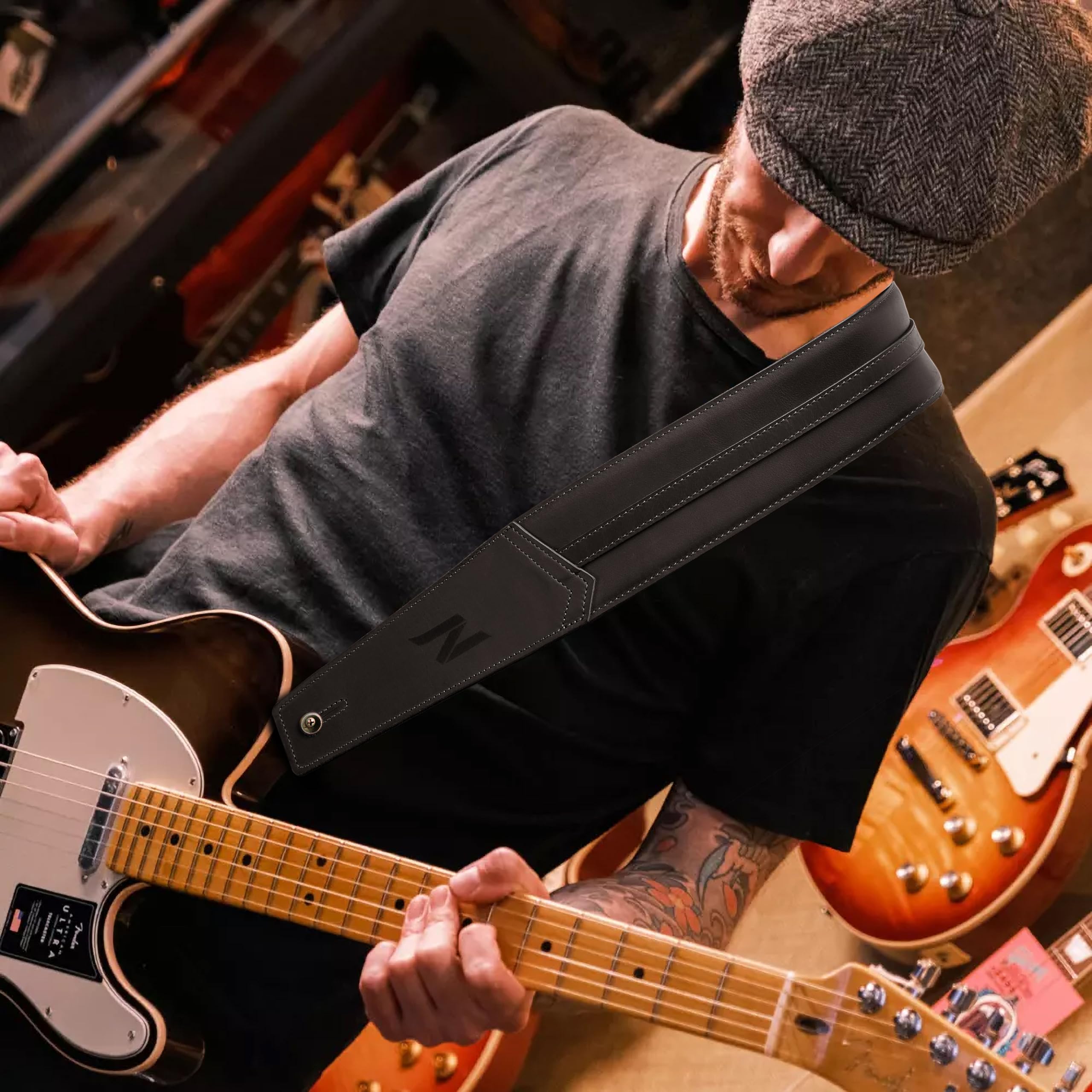 Nefelibata Tracolla per chitarra 3", in pelle pieno fiore di prima qualità, lunga 57" con imbottitura in schiuma, per basso, chitarra elettrica e acustica（Nero carbone）