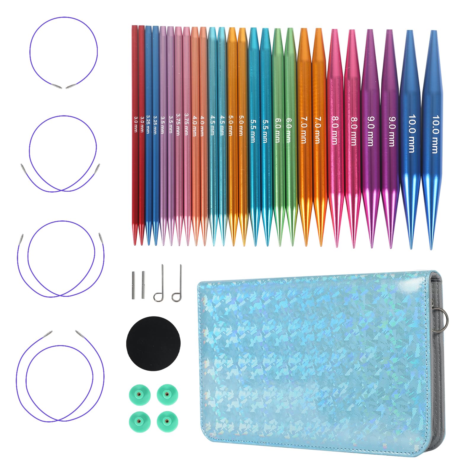 Juego de agujas circulares intercambiables con 13 pares de agujas de tejer de aluminio (10 cm) de grosor 3-8 mm, incluye cables, accesorios, bolsa (macaron)