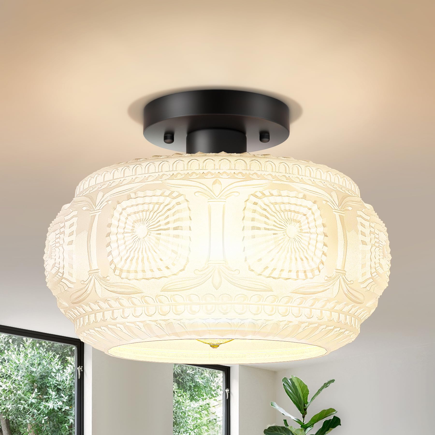 11 Inch Milk Glass Semi Flush Mount Ceiling Light Fixture, Black