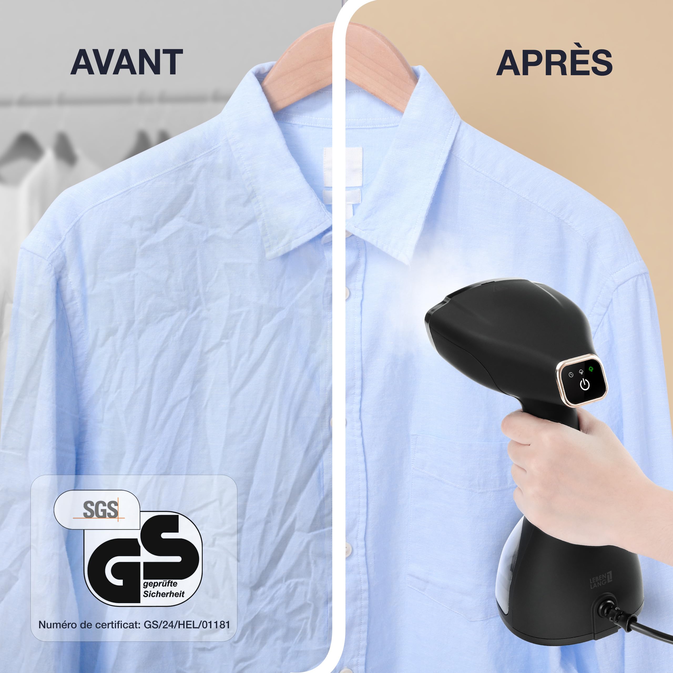 LEBENLANG Defroisseur Vapeur 1500W - 25g/min & Réservoir 300ml I Fer à Repasser de Voyage avec Gant I Défroisseur Vapeur Vertical Repassage Vapeur Vertical Steamer Portable