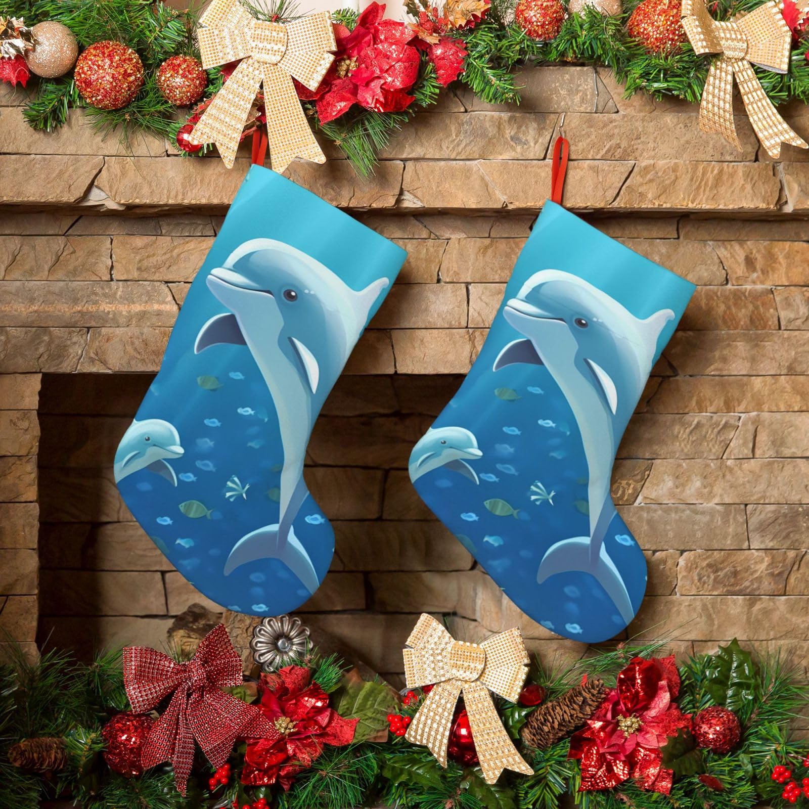 KLOPH Christmas Stockings 18" Personalized Xmas Stocking Dolphin Decoration Stocking Hanging Fireplace Stocking for Holiday Xmas Tree Christmas Fireplace Decor