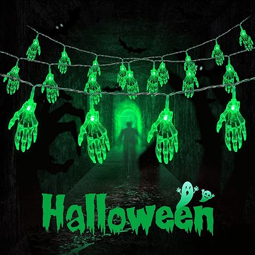 JMEXSUSS - Tira de luces de Halloween, 15.2 pies, tira de luces con forma de mano de esqueleto, 30 luces LED, funciona con pilas, luces de Halloween