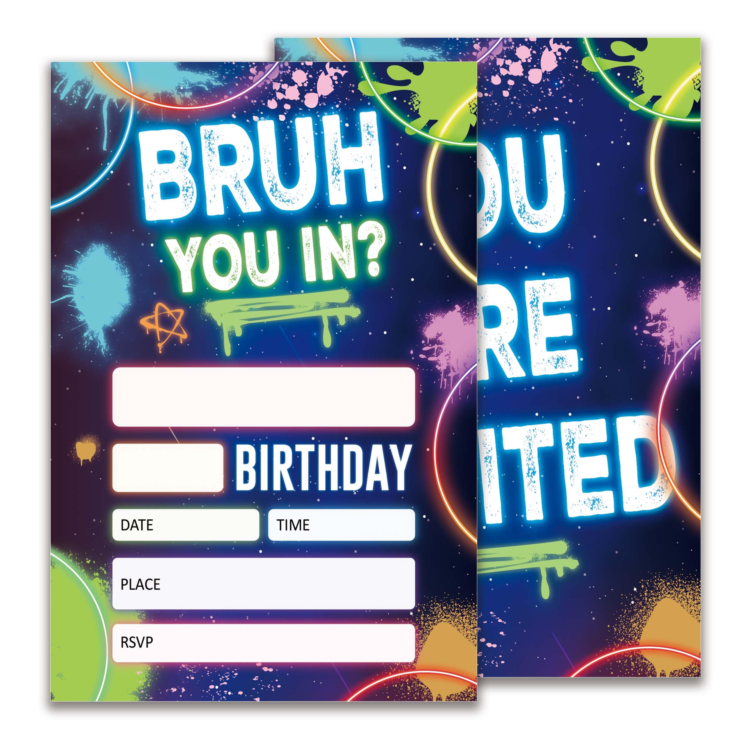 Glow Bruh Birthday Party Invitations, Neon Party Birthday Invitations for Boys Girls, 20 Double-Sided Design Birthday Invites with Envelopes (4x6 In), Birthday Party Supplies Favors-A12