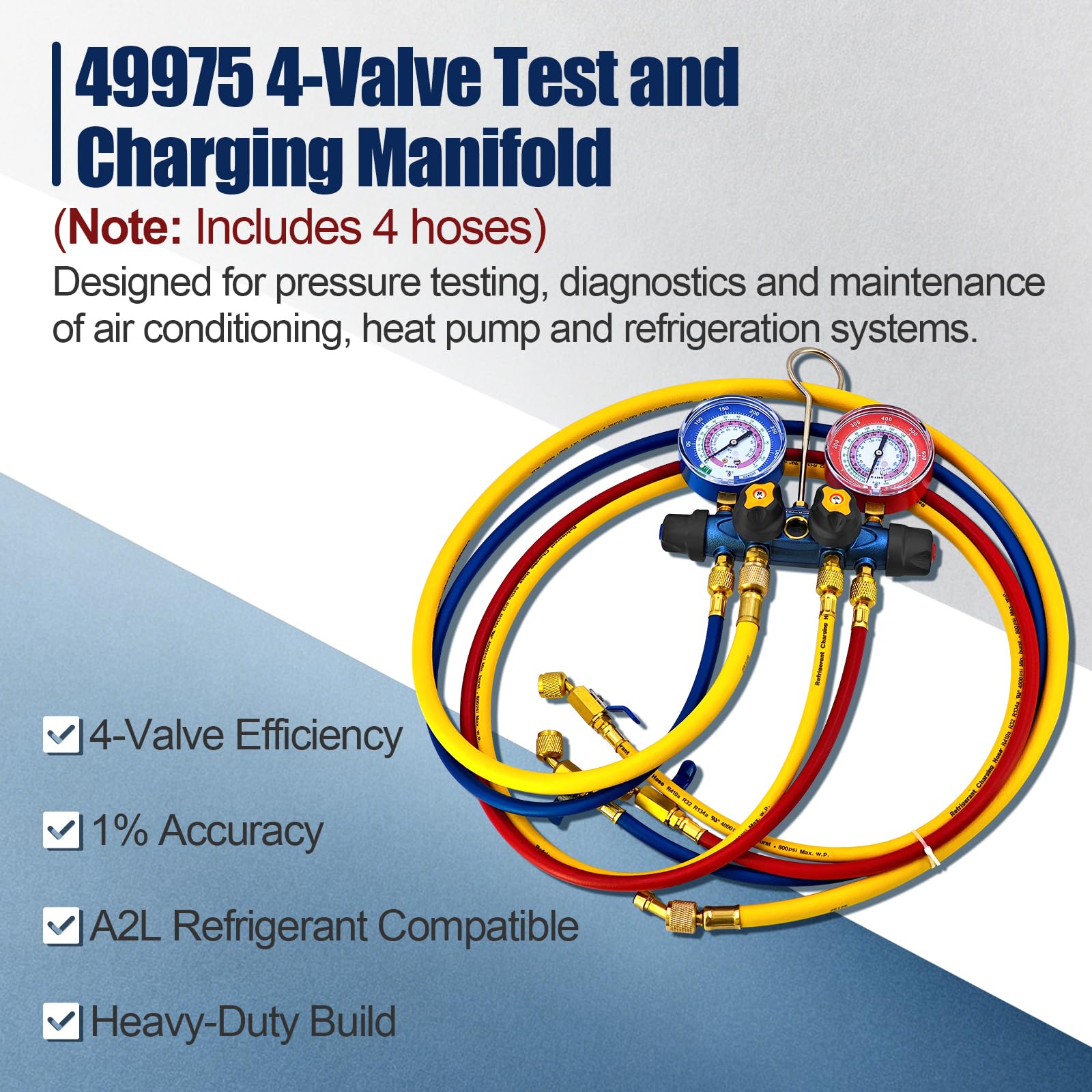 49974 49975 A2L - Manómetro de 4 válvulas con mangueras para R-454B R-32 R