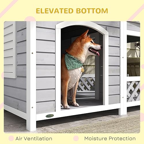Miniatura 7 de PawHut Casa de madera para perros al aire libre con porche, refugio elevado para perros estilo cabaña con techo de asfalto, puertas y ventana de