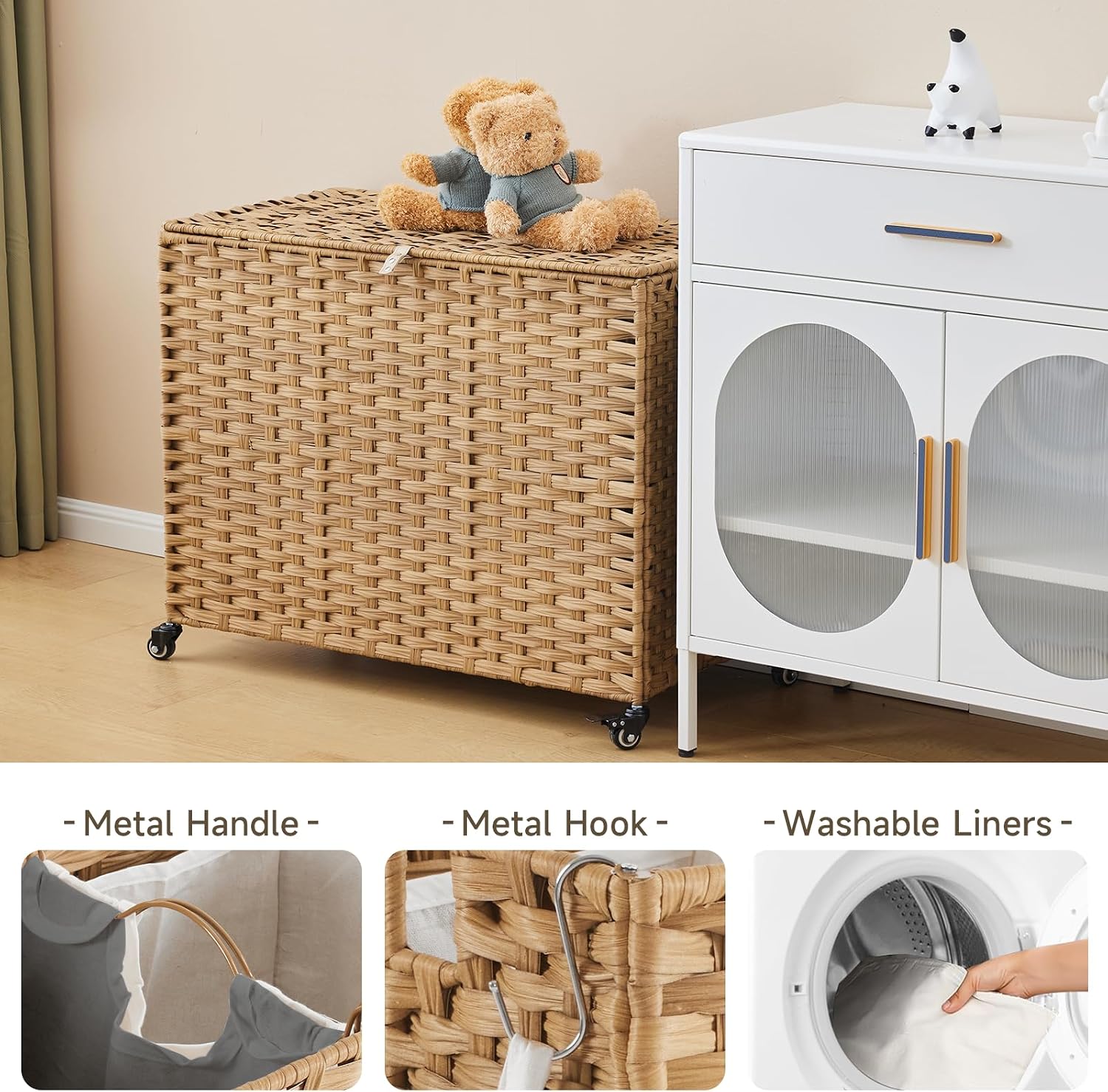 Laundry Hamper with Wheels, 60.72 Gallon(230L) Rolling Laundry Basket with Lid, Removable Large 3 Color Liners & 3 Mesh Laundry Bags, Clothes Hamper with Side Pocket, Natural