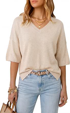 Arach&Cloz Women's Wool Blend Elbow Sleeve Summer Oversized Casual Sweater