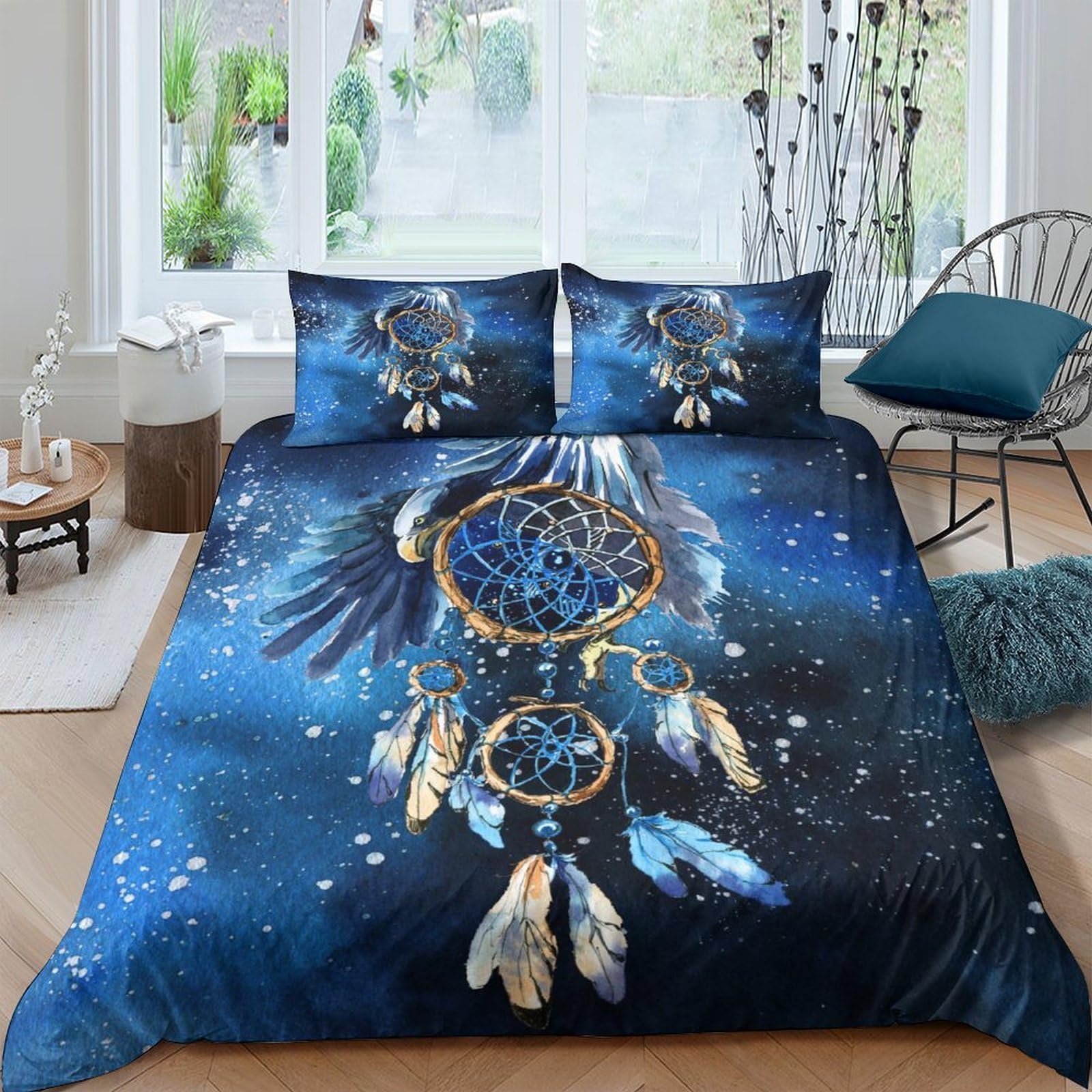 Ctjqhvkz Style-5 3D Printed Dreamcatcher Blue Night Fitted Sheet Microfiber Soft Feathers Mattress Cover Bedroom Dorm Decor Single（135X200cm）