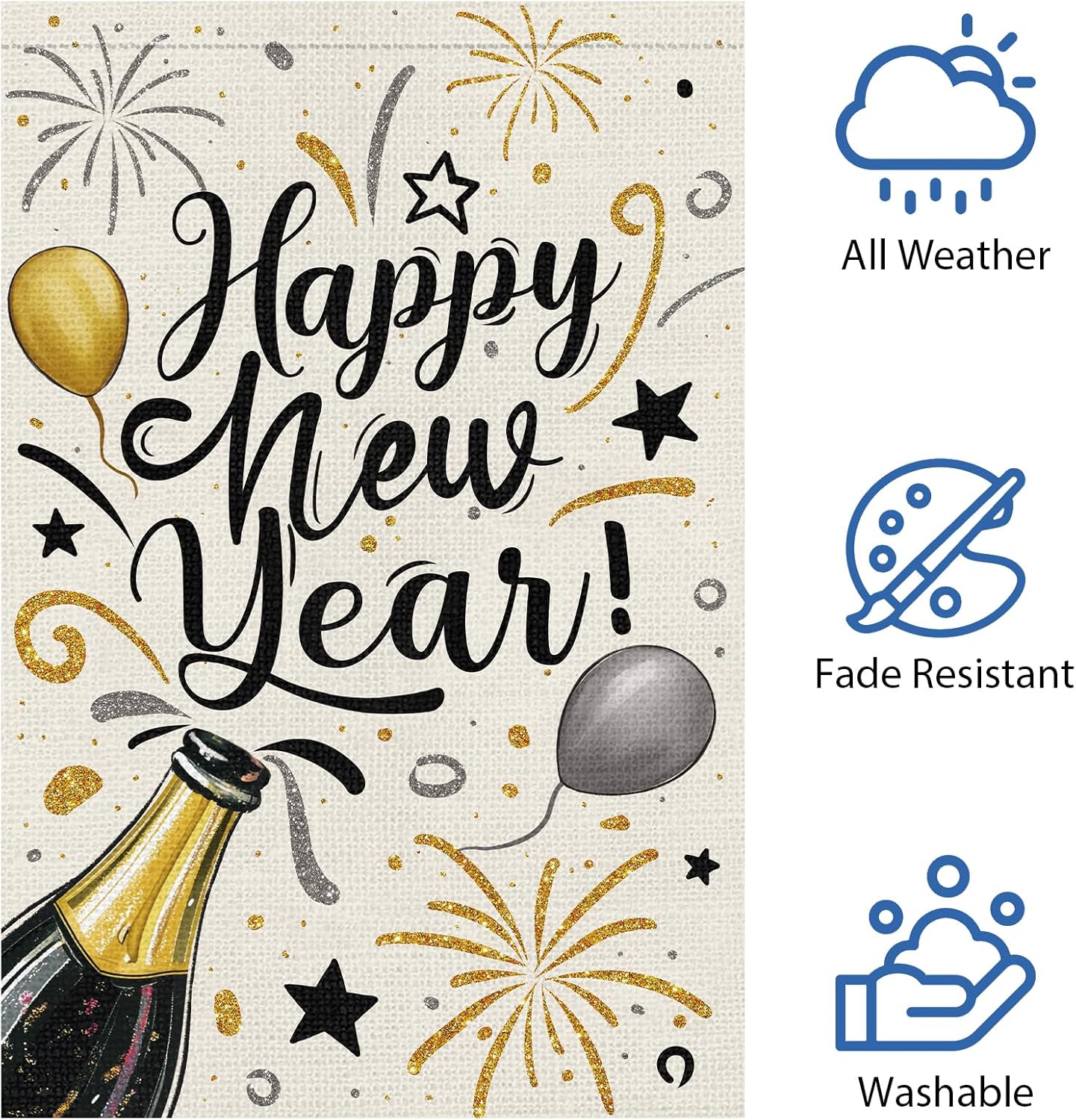 Heyfibro Happy New Year Garden Flag 28x40 Inch Double Sided Burlap Firework Christmas Champagne Balloon Celebration Banner for Winter Holiday Party Yard Outdoor Decoration(ONLY FLAG) - Image 5