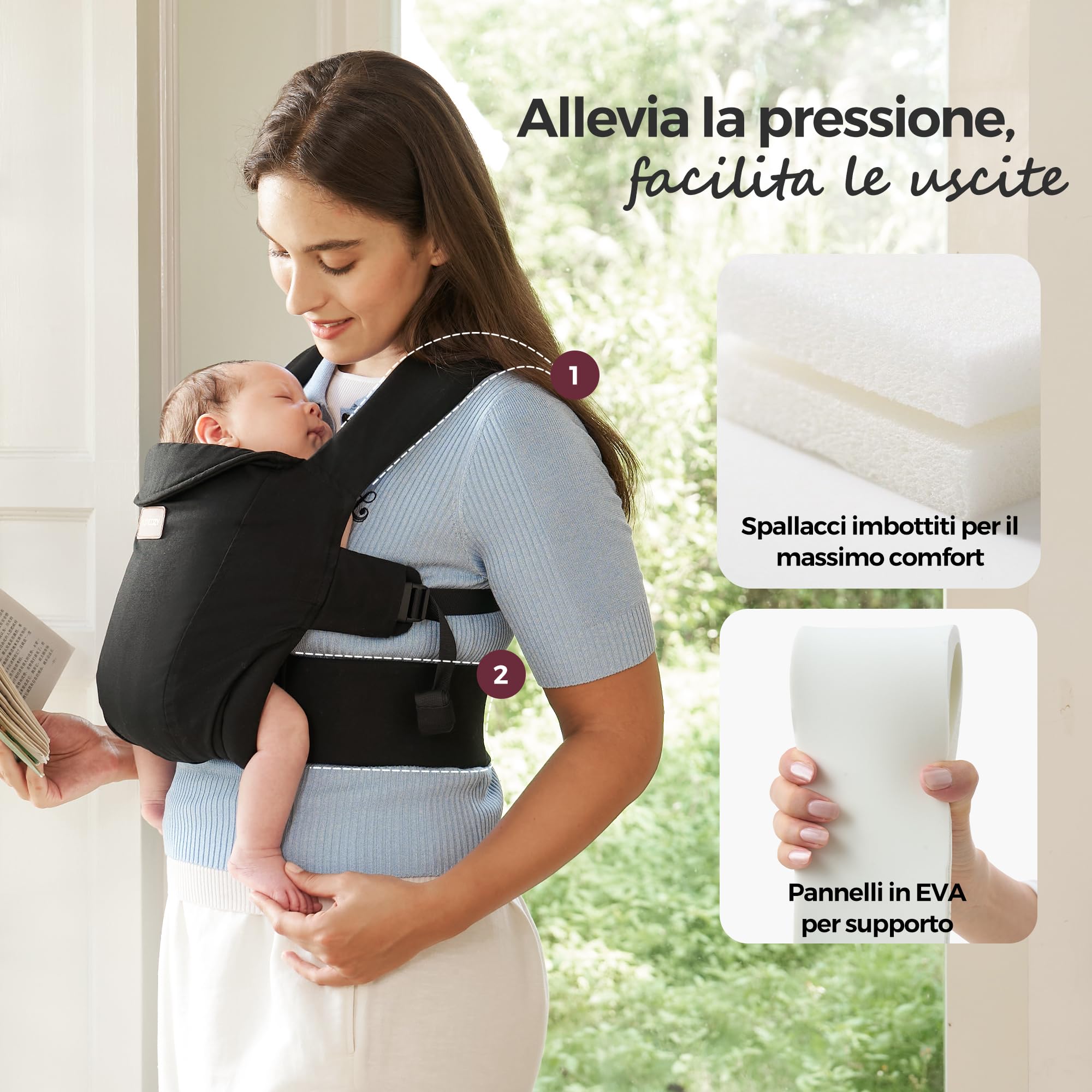 Momcozy Marsupio Porta Bebè per Neonati, Seduta Regolabile con Scala sulla Cintura, Supporto Collo, Chiusura con Anello di Sicurezza, 3,2–11 kg, Nero