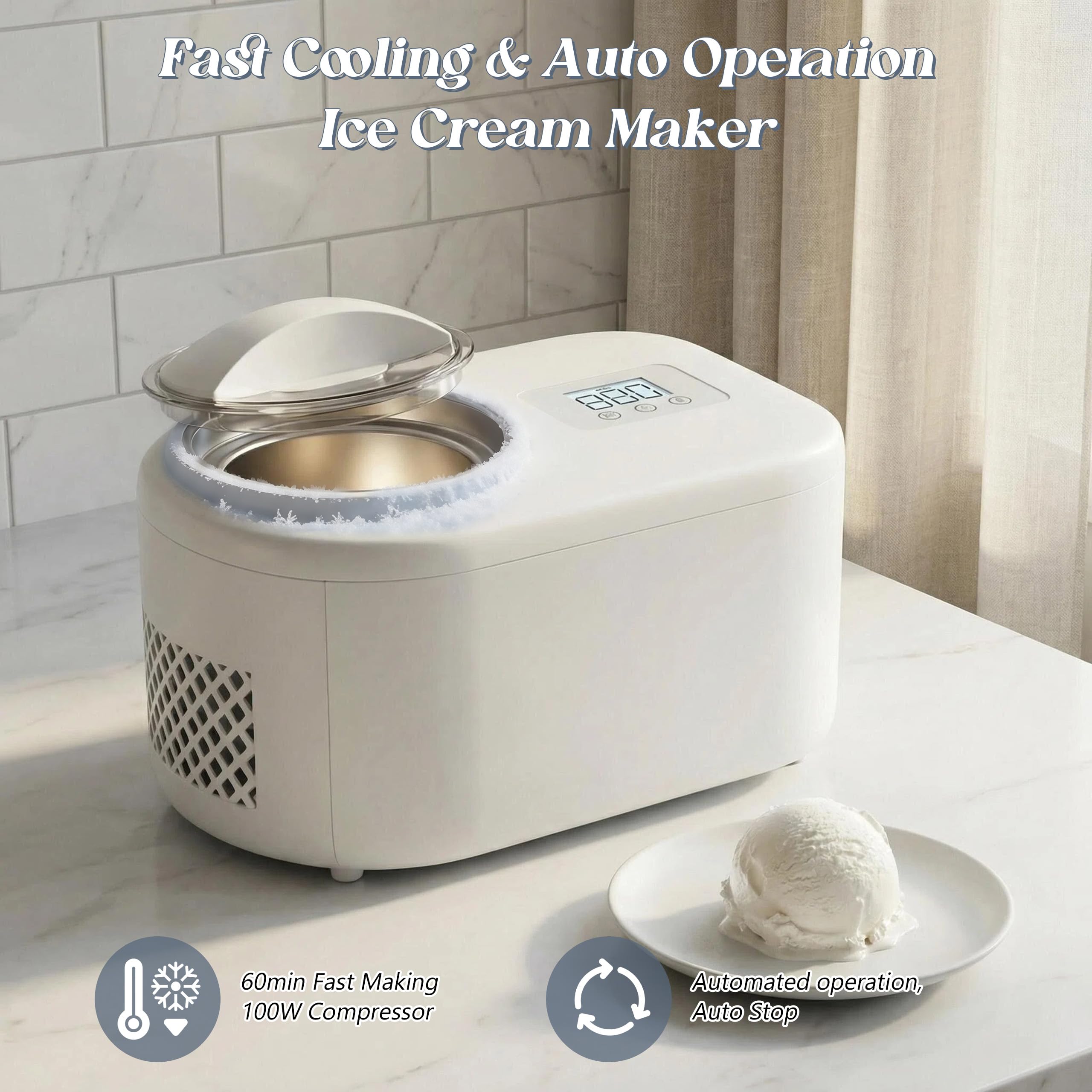Eismaschine, Eiscremebereiter mit Kompressor 100 W, 1 L Kleine Speiseeismaschine, entnehmbarem Eisbehälter, Eiscreme-Maschine für Eis Frozen Joghurt, Sorbet & Eiscreme, Automatischer Betrieb