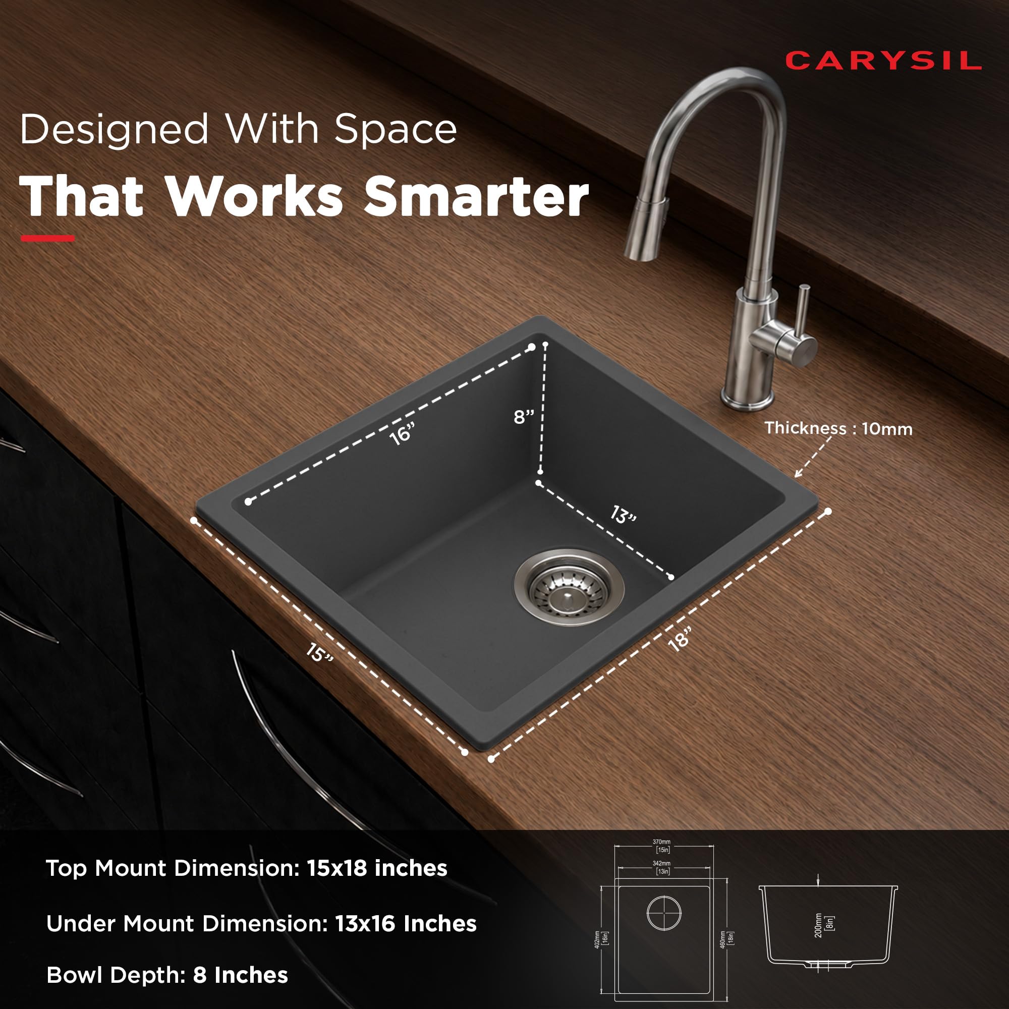 Carysil DOLCE UK Quartz Kitchen Sink 15 x 18 x 8 inches, Single Bowl, 80% Quartz & 20% Resin, Heat Resistant 300°C, 50kg Load, Scratch & Stain Resistant, Granite Sink, 304 SS Coupling - Whisper Grey 4