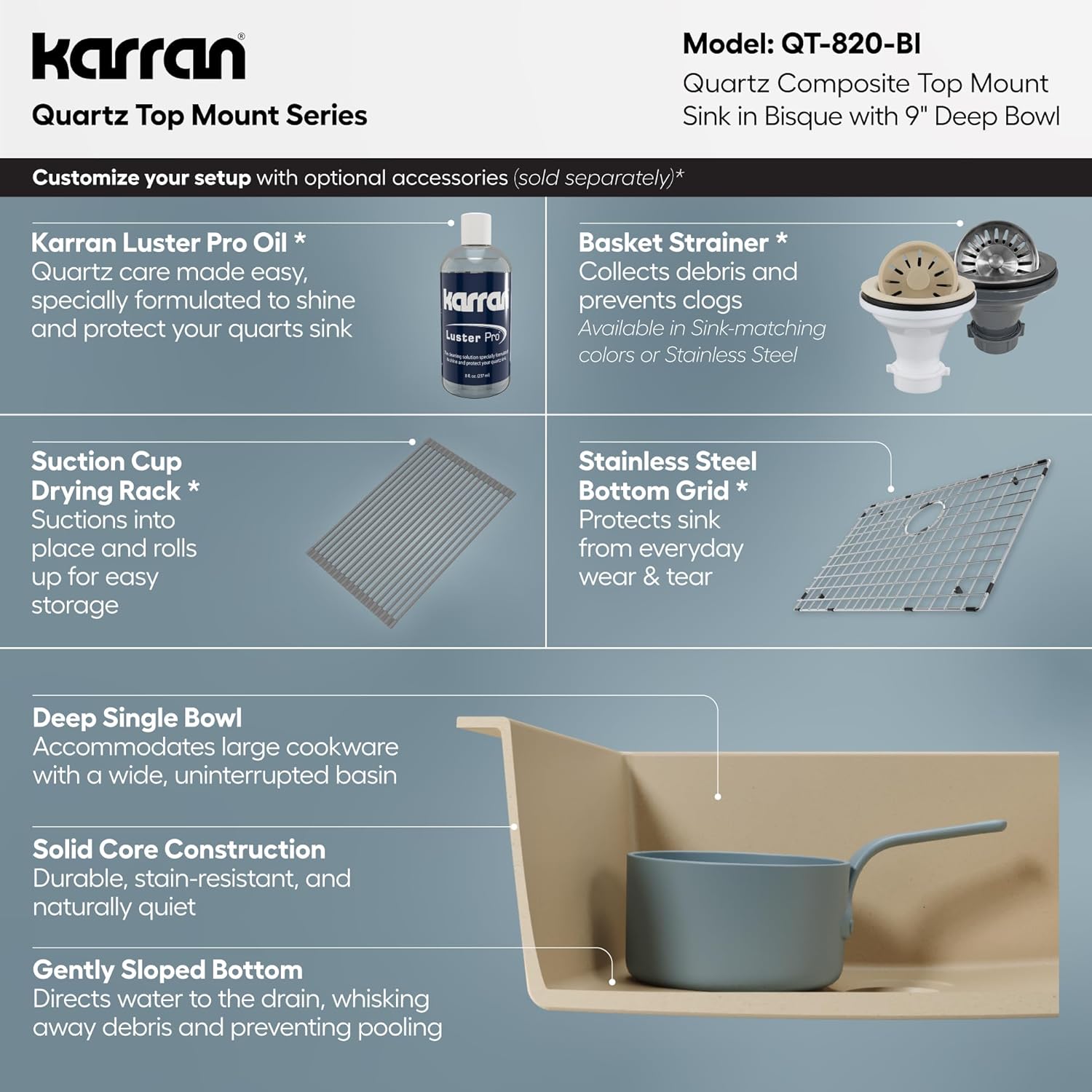 Karran QT-820 Top Mount 25 in. Single Bowl Quartz Kitchen Sink in Bisque
