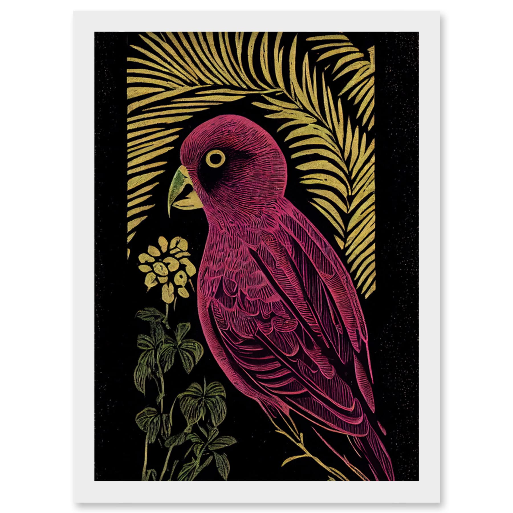 Pink Parrot Tropical Plant Linocut Art Print - Framed Wall Art A4 - Modern Vintage Illustration - Artery8