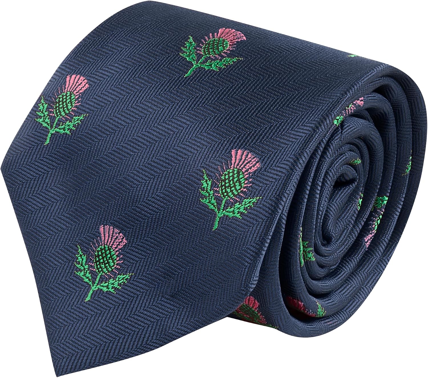 King & Priory Scottish Thistle Navy Blue Herringbone Embroidered Tie