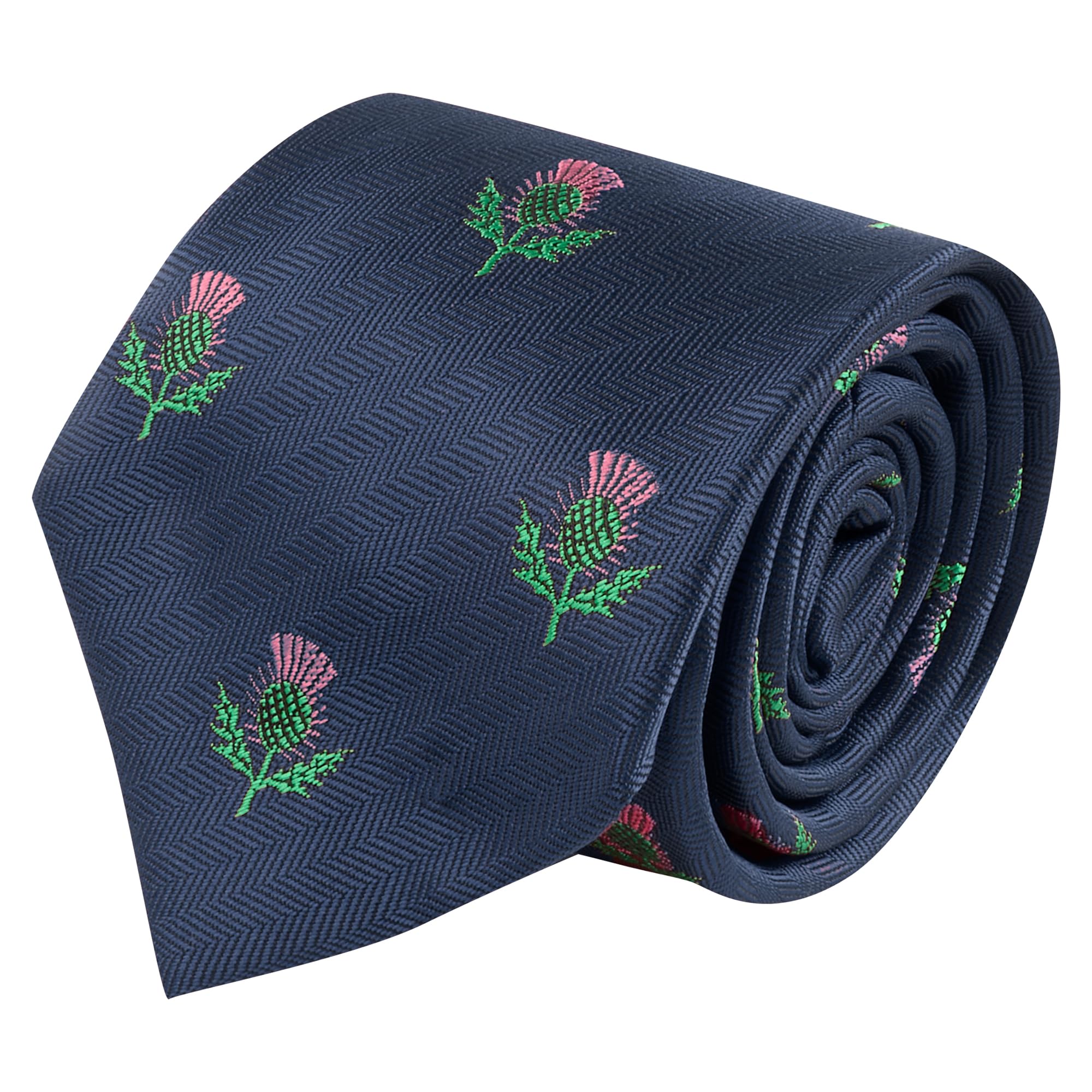 King & Priory Scottish Thistle Navy Blue Herringbone Embroidered Tie