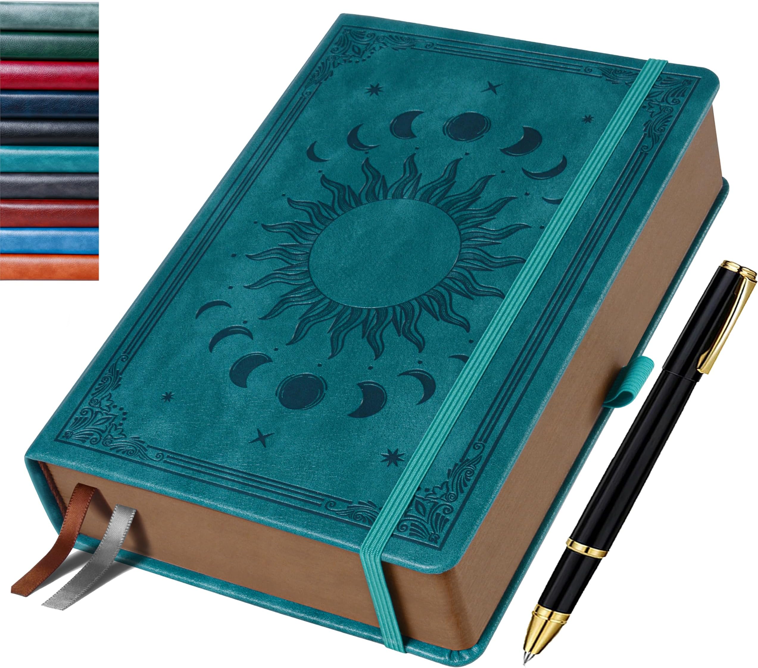 Journal Notebook for Women/Men, Daily for Classic Lined Writing,360 Pages Leather Hardcover with Vintage Sun & Moon Design, SeaGreen, A5 (14.5 x 21 cm)