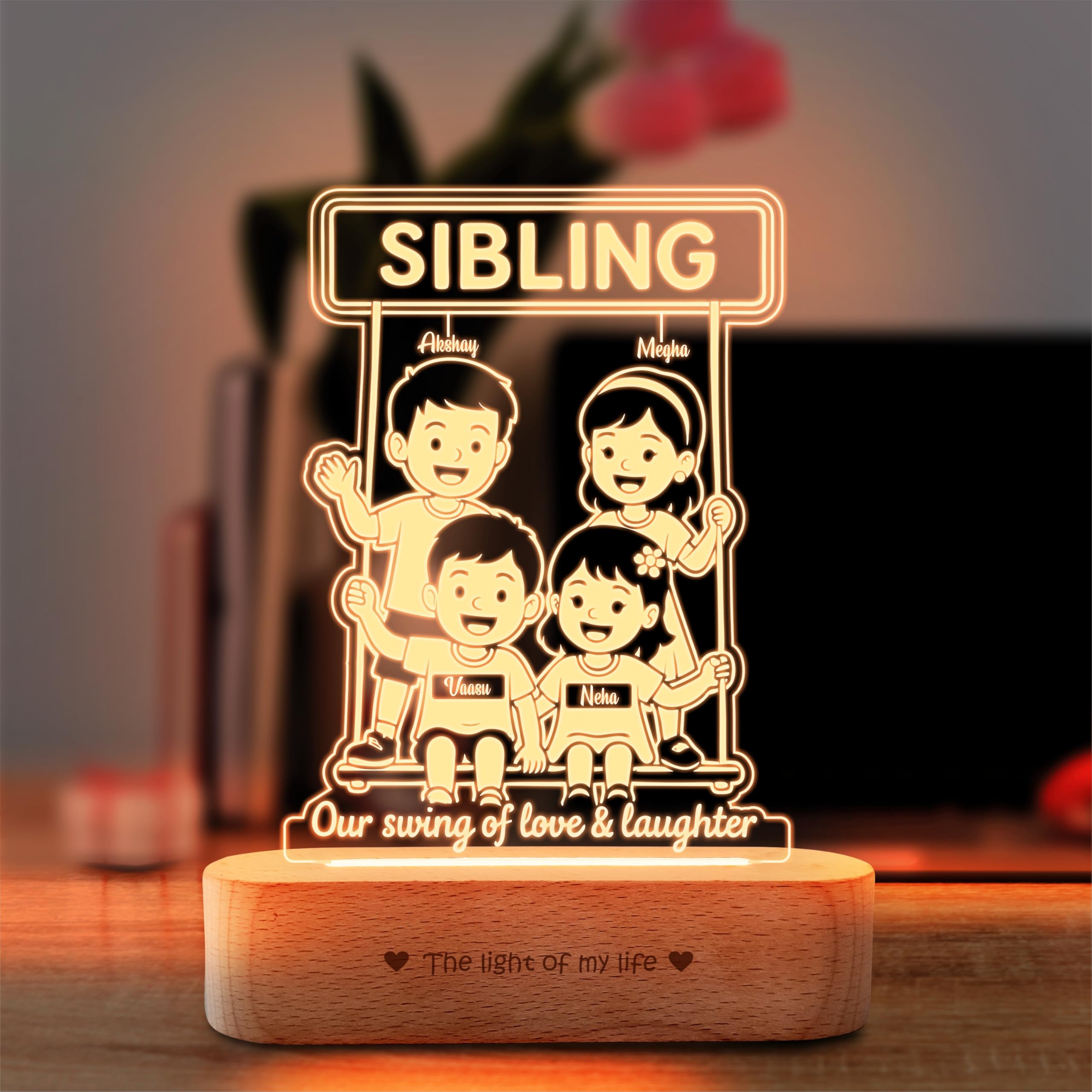 ZOCI VOCI Personalized Engraved Lamp -Rakhi Gift for Brother and Sister or Siblings | Unique Customize Gift for Rakshabandhan (Sibling Swing)