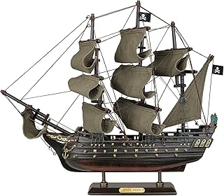 SAILINGSTORY Wooden Pirate Ship Model Black Pearl Sailing Ship Decor 15" Distressed Sails