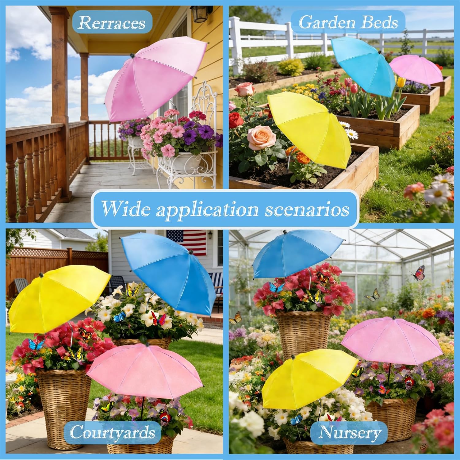 3 Pcs Plant Umbrellas for Outdoor Plants, Garden Umbrella Shade for Plants, Garden Sunshade Adjustable Angle Plant Shade Cover from Blazing Sun & Rain with 9Pcs Butterfly Decor