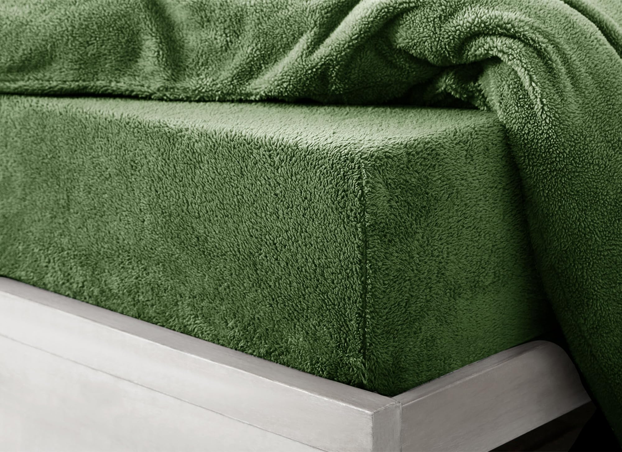 Super Soft Teddy Bear Fitted Sheet Fleece Plush Plain Thermal Fluffy Warm Deep Sheet (Olive, King)