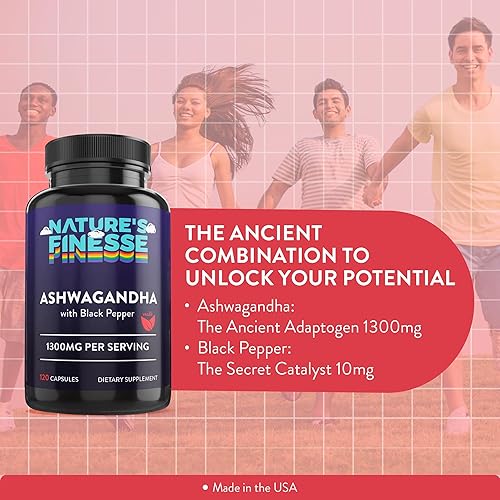 Miniatura 5 de Nature's Finesse Ashwagandha orgánica con suplemento vegano de pimienta negra - 120 cápsulas para hombres y mujeres | Mezcla premium para aliviar el