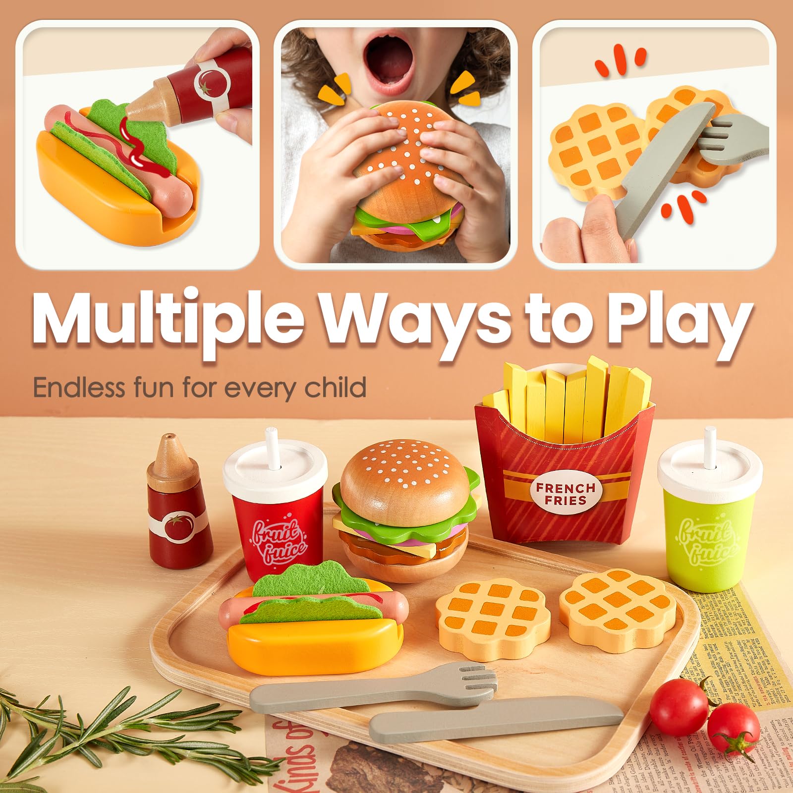 BUYGER Giochi Cucina Legno Giocattoli per Bambini 3 + Anni, Hamburger Hotdog Cibo Finto Giocattoli, Accessori Cucina Bambini, Regalo Compleanno per Ragazzo Ragazza 3 4 5 Anni