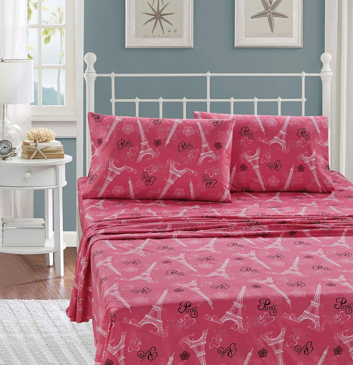 Home Collection Sheet Set Girls/Teens Paris Eiffel Tower Hearts Flowers White Pink Black Pink/White New # Flatscreen Paris (Pink, Twin)