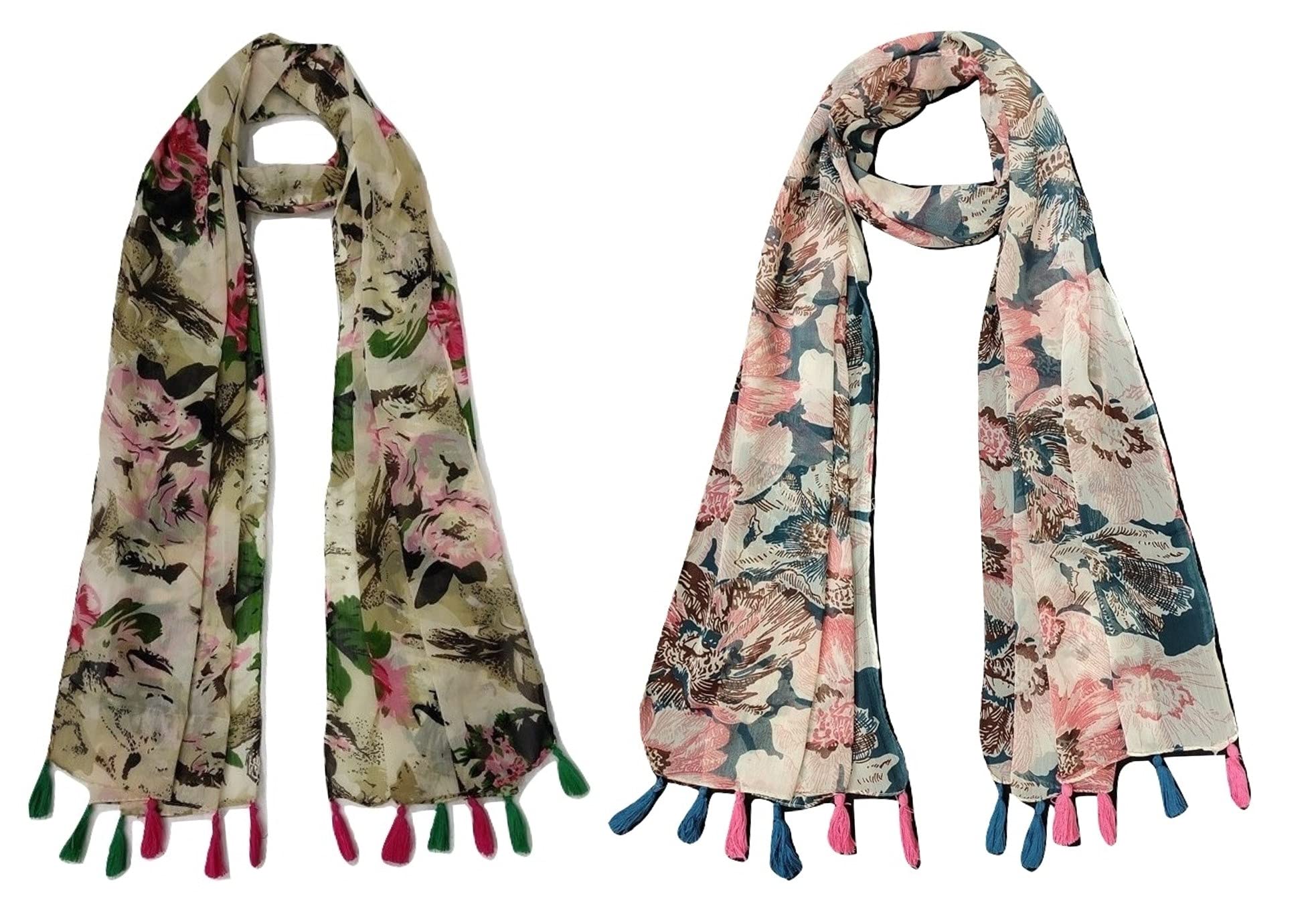 stolevilla ™ Women's Printed Chiffon Multicolored Scarf and Stoles with Tassels - Set of 2 (ST167)-picture-16