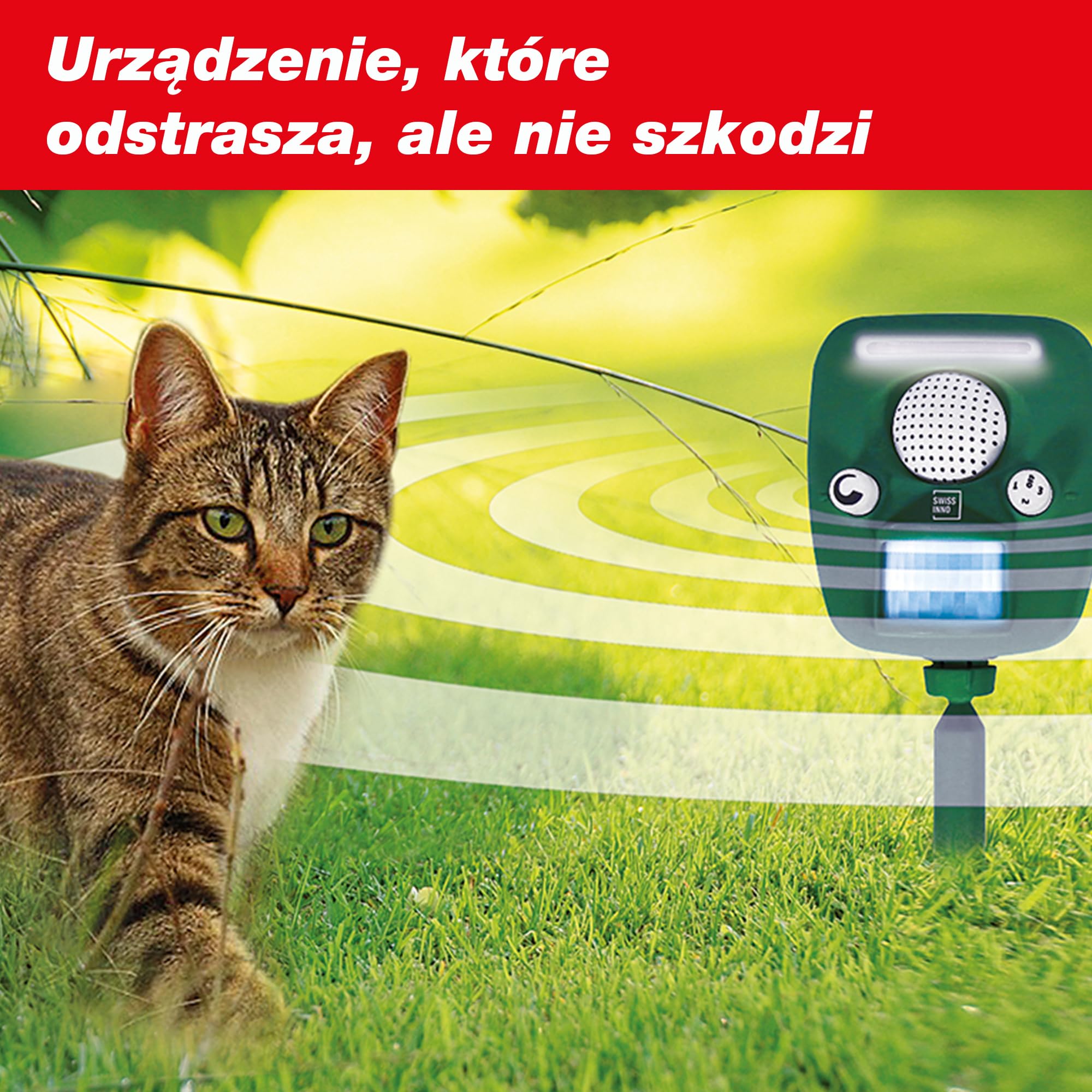 SWISSINNO Odstraszacz Ultradźwiękowy PRO – Na Koty Psy Lisy Zające Jeże – Czujnik Ruchu + LED + Syrena – Zasilanie Słoneczne – Zasięg do 150 m²