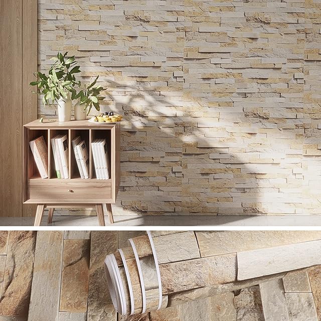 VEELIKE Grey Brick Wallpaper Beige Stone Effect Wallpaper Peel and Stick Contact Paper for Kitchen Countertops Washable Sticky Back Plastic Vinyl Covering Self Adhesive Thick Lining Paper 40cm x 300cm