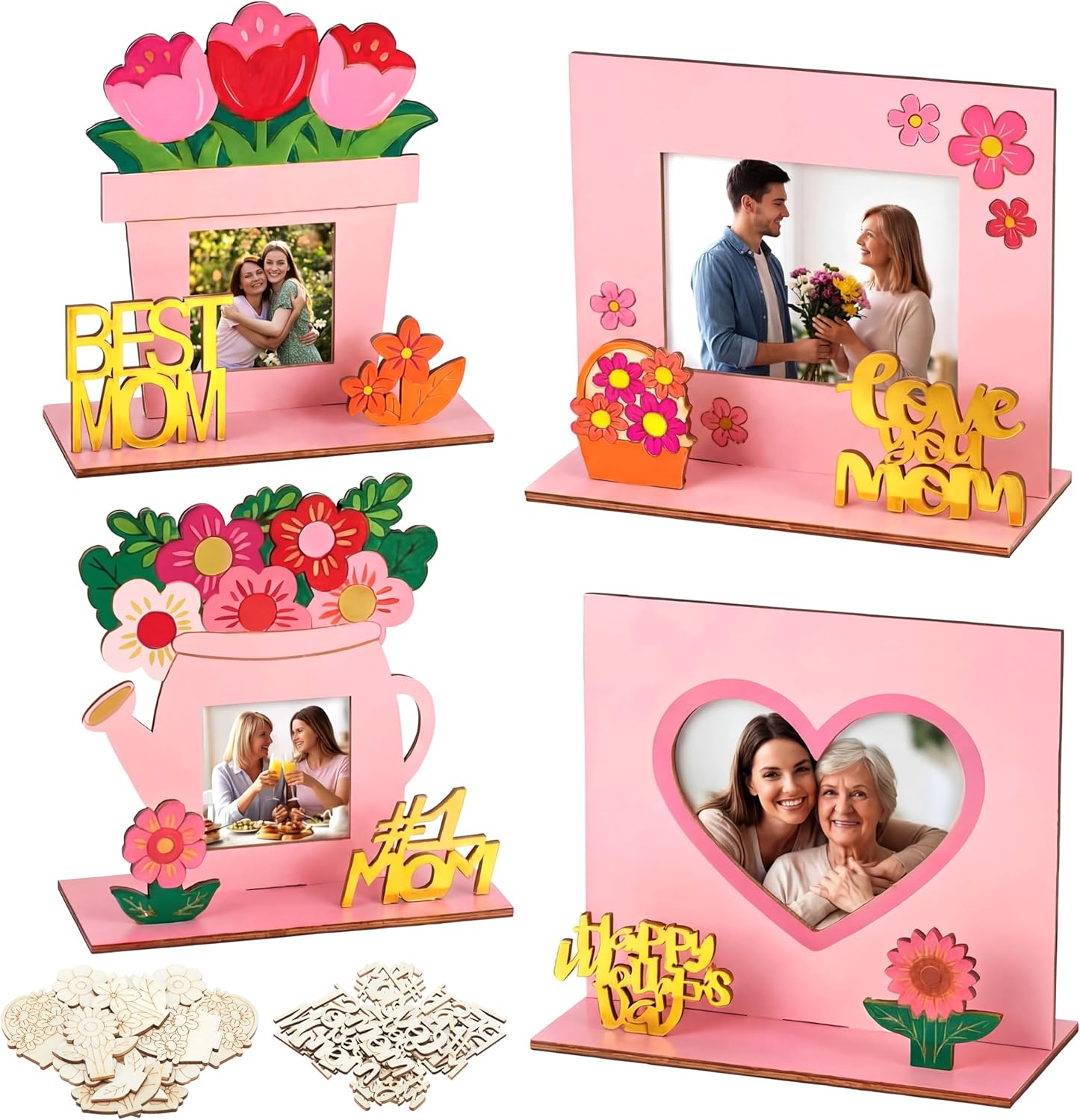 SiliFine 12 Sets Mother's Day Picture Frames Flower Crafts Kit DIY Flowerpot Wood Frame Color Your Own Frame Gift for Mom from Daughter Son Spring Mother's Day Activities Party Favors