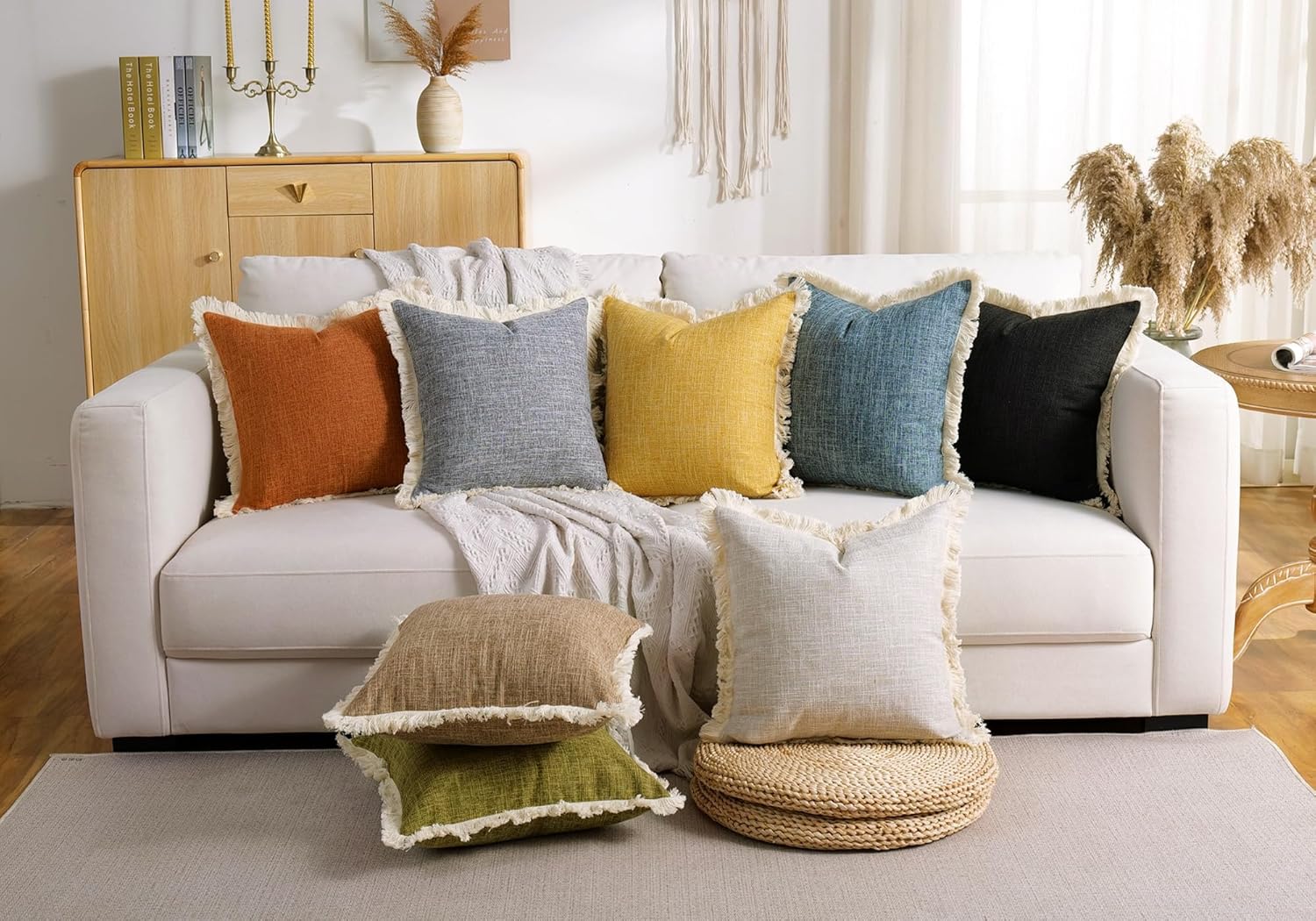 Couch Pillow Covers Accent Boho Decorative Fringe Throw Pillows Covers 20x20 Linen Khaki Cushion Case with Tassels for Bed Bedroom Boho Pillowcases Couch for Living Room Decor Set of 2