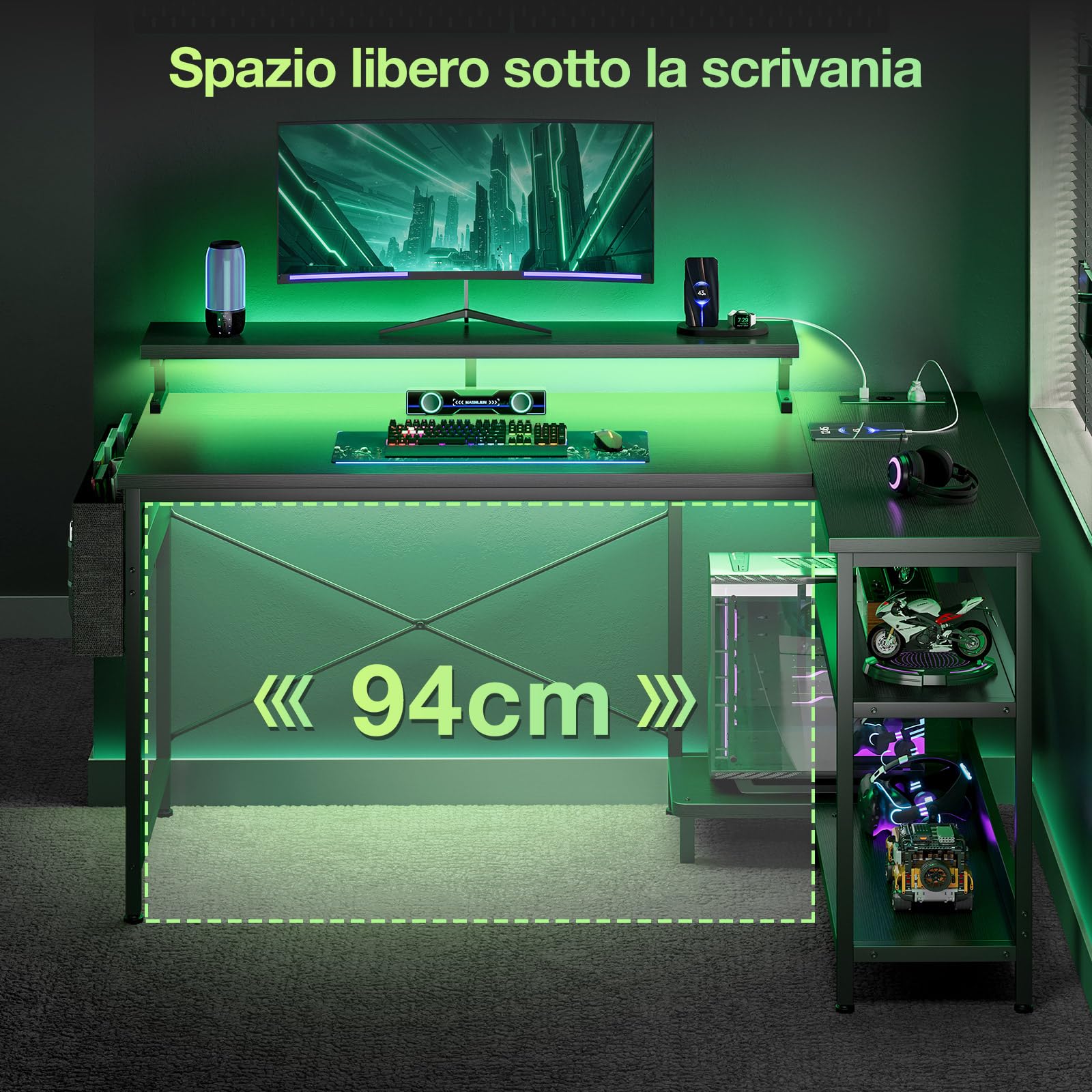 Coleshome Scrivania Gaming con LED e Prese, 120x80cm Scrivania Gaming Angolare Reversibile con Ripiani, Scrivania Angolare con Supporto per Monitor per Casa Ufficio, Nero