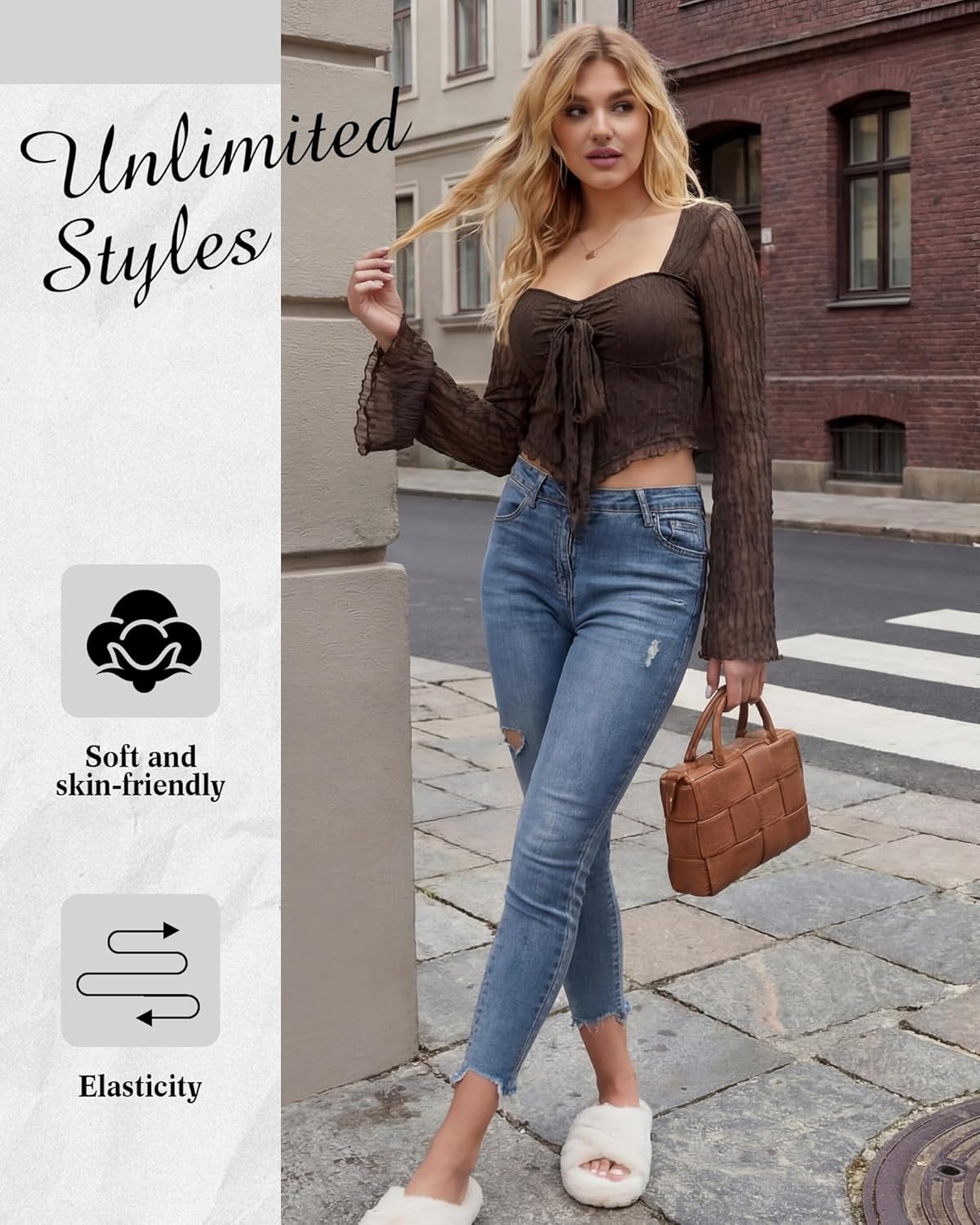 Women's Long Bell Sleeve Top Casual Mesh Crop Top Sweetheart Neck Tie Front Textured Going Out Blouse - Image 6